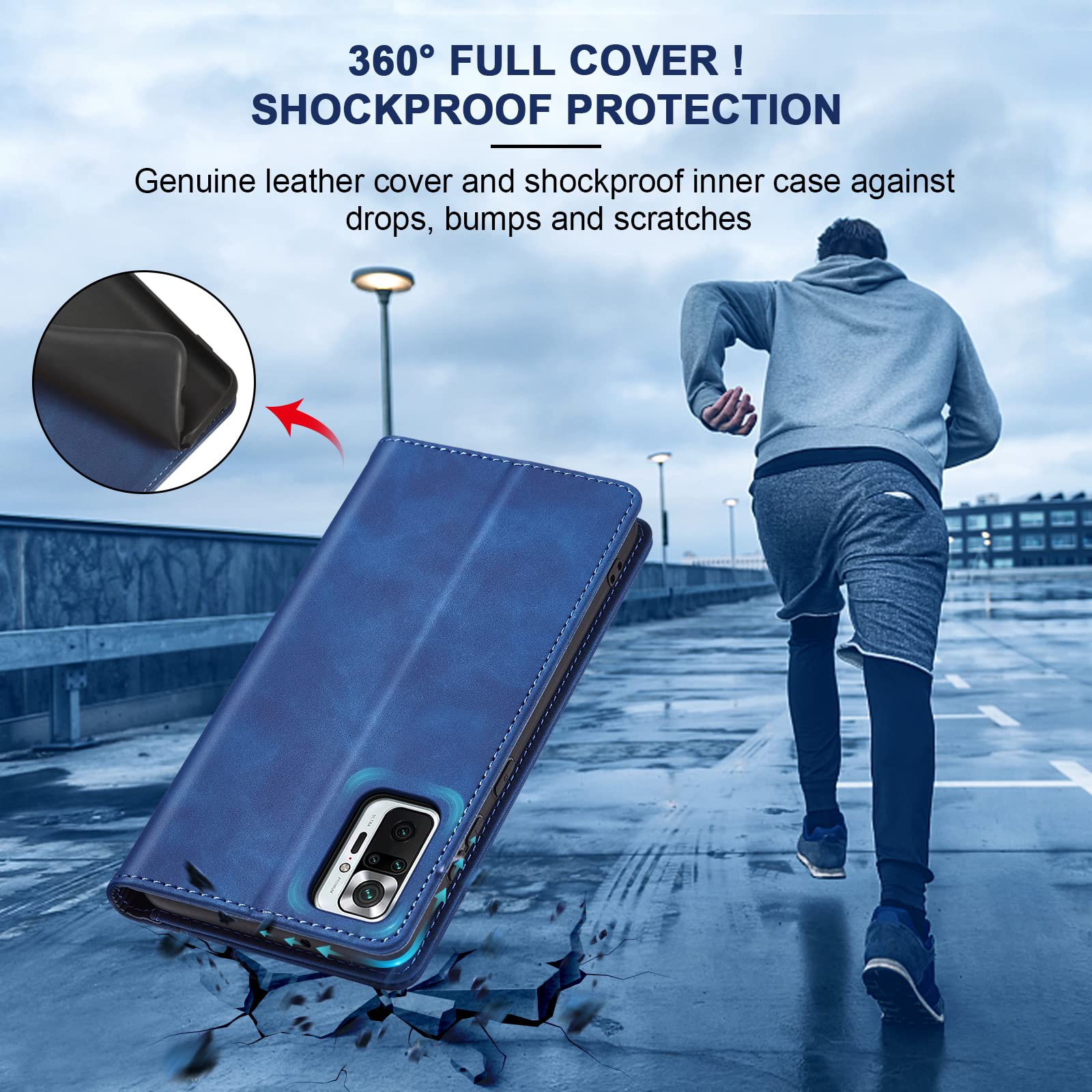 AiMok Custodia Portafoglio In Pelle Per Xiaomi Redmi Note 10 Pro – Antiurto, Con Slot Carte E Magnete, Blu/Verde, Supporto Per Film - 2