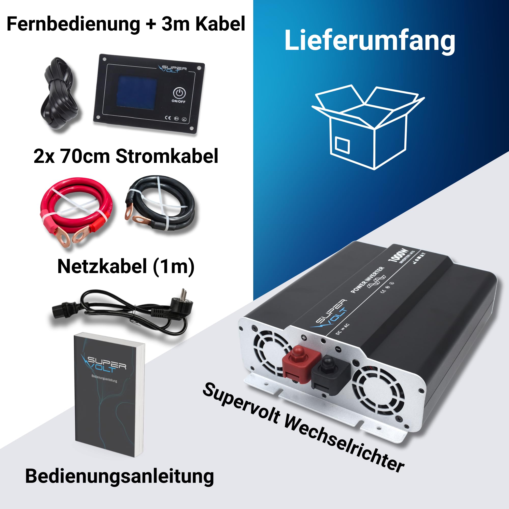 Falownik 12 V na 230 V, 1000 W, czysty sinus z przełącznikiem priorytetowym i ochroną FI, do wrażliwych urządzeń, z pilotem zdalnego sterowania, USB i puszkami Schuko, idealny do kamperów
