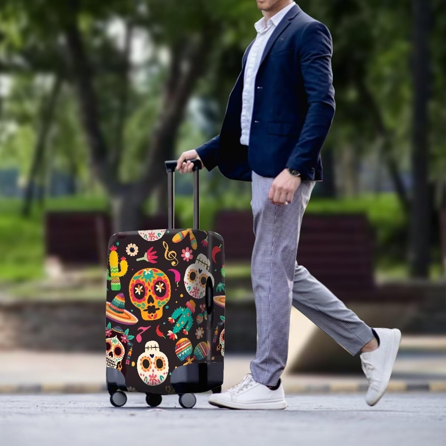Sugar Skull Travel Luggage Cover Polyester, Mexican Cactus Day of the Dead Thickened Suitcase Cover With Concealed Zipper Anti-Scratch Protective Covers - XL