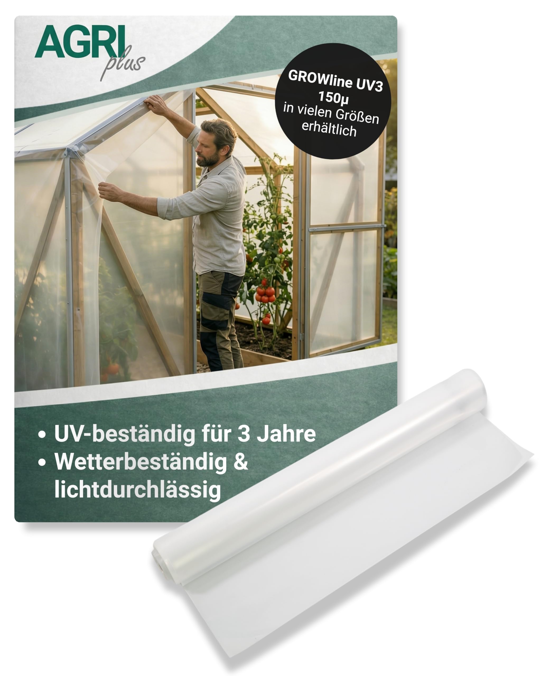 AGRI plus Gewächshausfolie I 1,5 x 50 m I UV-beständige, wetterfeste & reißfeste Gartenfolie I 150 µ Starke Abdeckfolie für Gewächshaus, Frühbeet & Outdoor-Einsatz