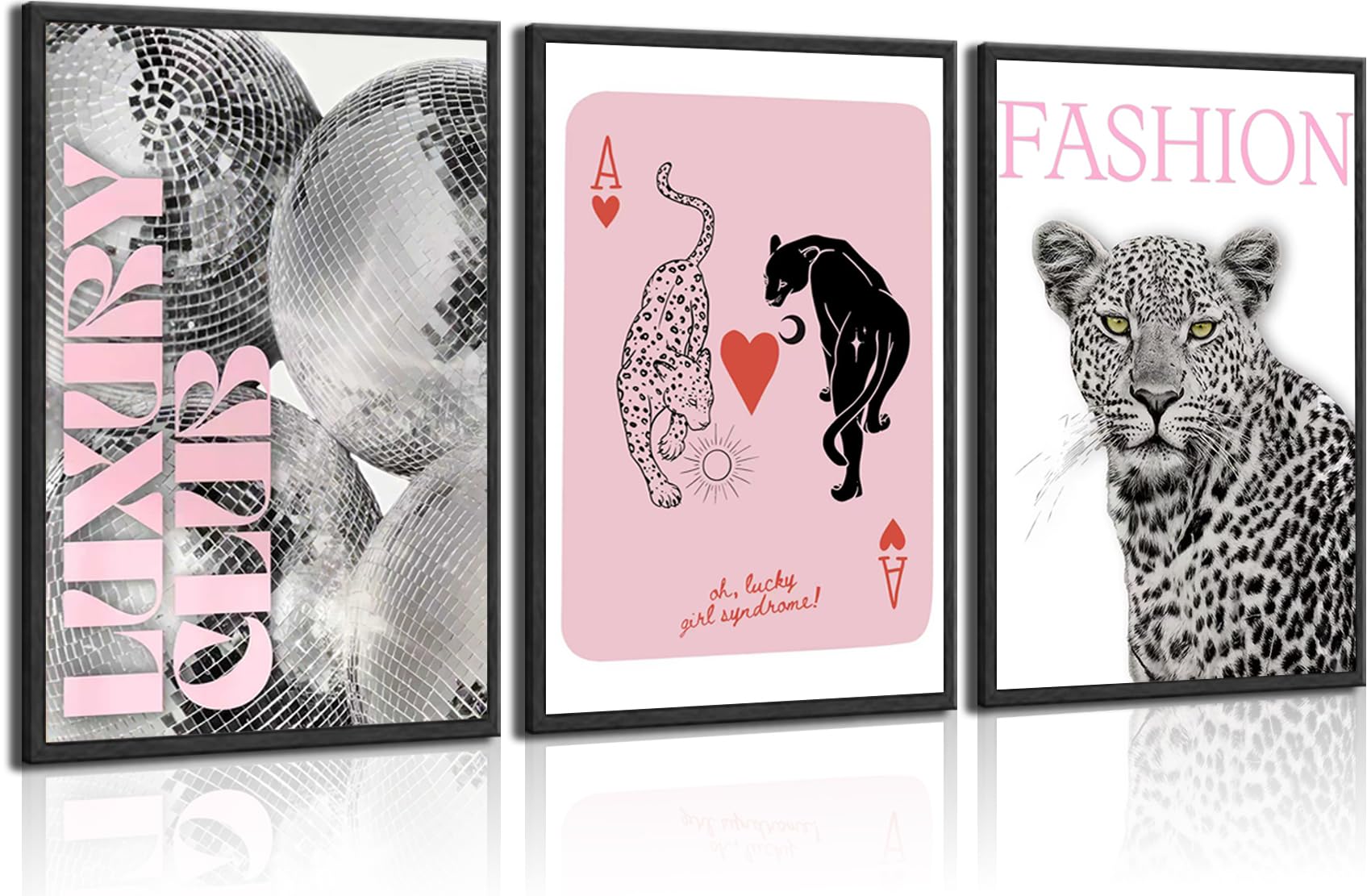 LMYSXAOZ 3Pcs Unframed Pink Leopard Print Canvas Wall Art Funky Disco Ball Poker Ace Painting Picture Decor Modern Girl Preppy Aesthetics Artwork For Dormitory Home Decoration 20x30inch