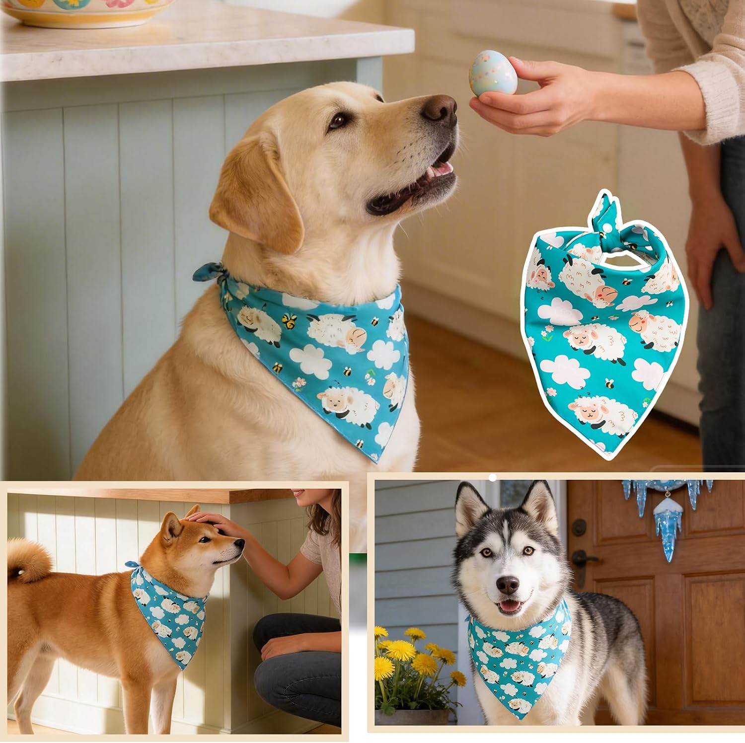 Easter Day Dog Bandana Cute Lamb & Pink Cloud - Spring Pet Scarf with Adjustable Snap Button Lovely Holiday Costumes, Medium to Large Breeds (30-75lbs) image 3