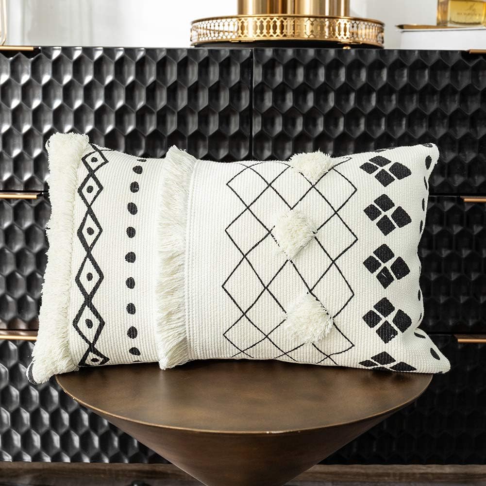 Lumbar Pillow Cover Black White Geometric Decorative Tufted Throw Pillow Case Rectangle Cushion Cover for Couch Home Sofa Car Chair Bedroom,12 x 20 Inch(Cover Only,No Insert)