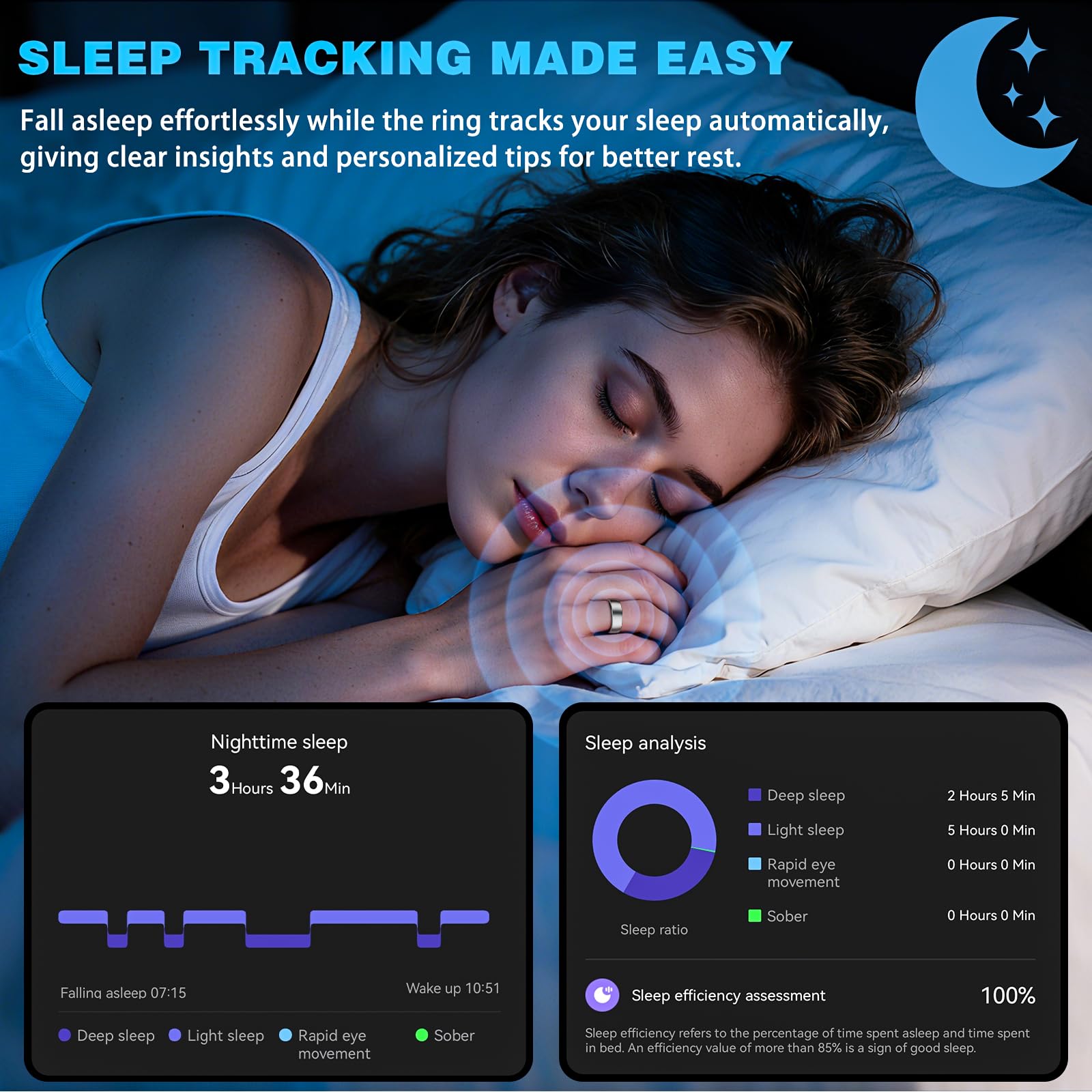 Anello intelligente per donne e uomini, anello fitness tracker per monitoraggio del sonno, con custodia di ricarica, SpO2, frequenza cardiaca, senza costi di abbonamento per iOS Android