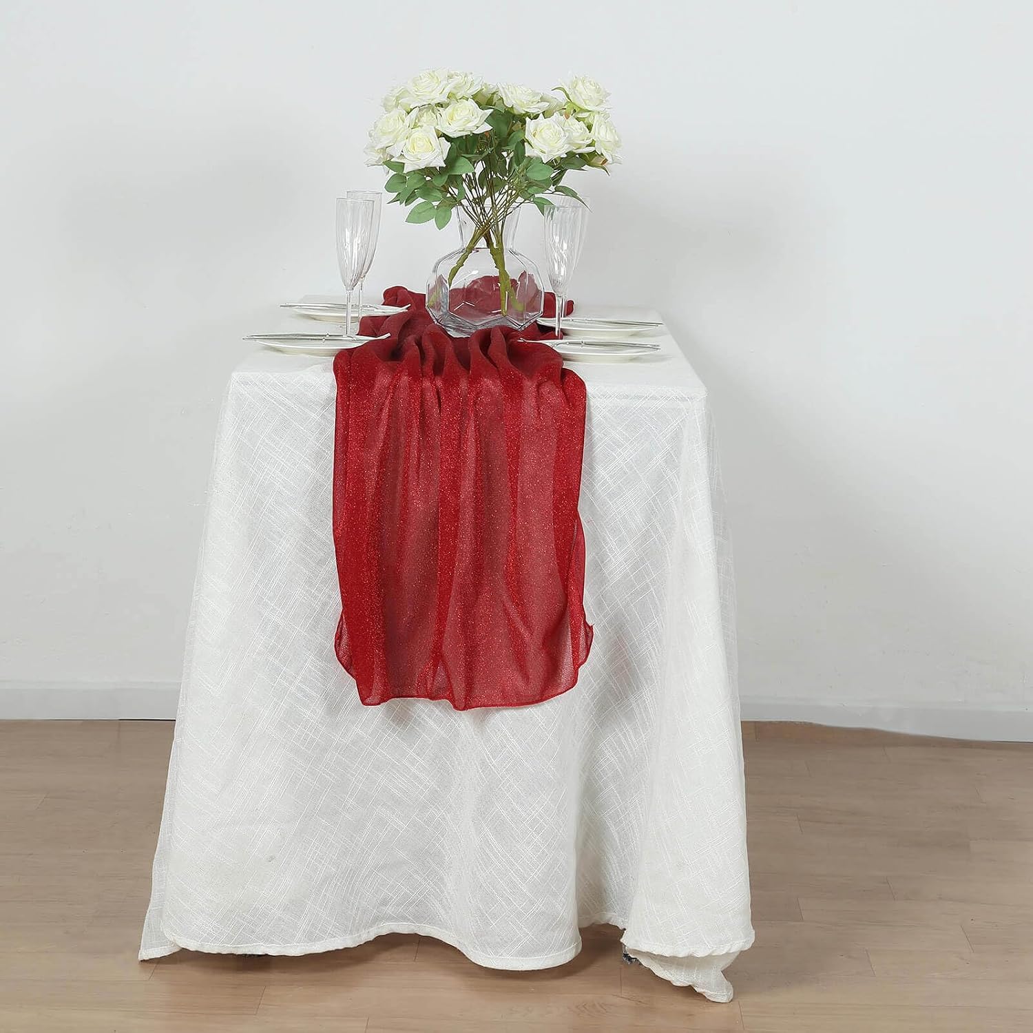 Efavormart Red Sparkling Glitter Gauze Table Runner, Reusable Wrinkle Free Sheer Table Runner - 27"x120"
