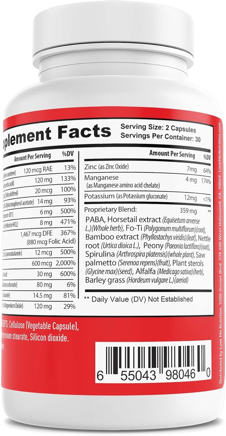 Love Me Nutrition® - Lights, Camera, Action - Hair Skin Nails Formula Men & Woman- B1 B6 B5 B12- Biotin Promotes Hair Growth, Glowing Skin, Strong Nails. Natural No Artificial Ingredients 60 Vegi Caps