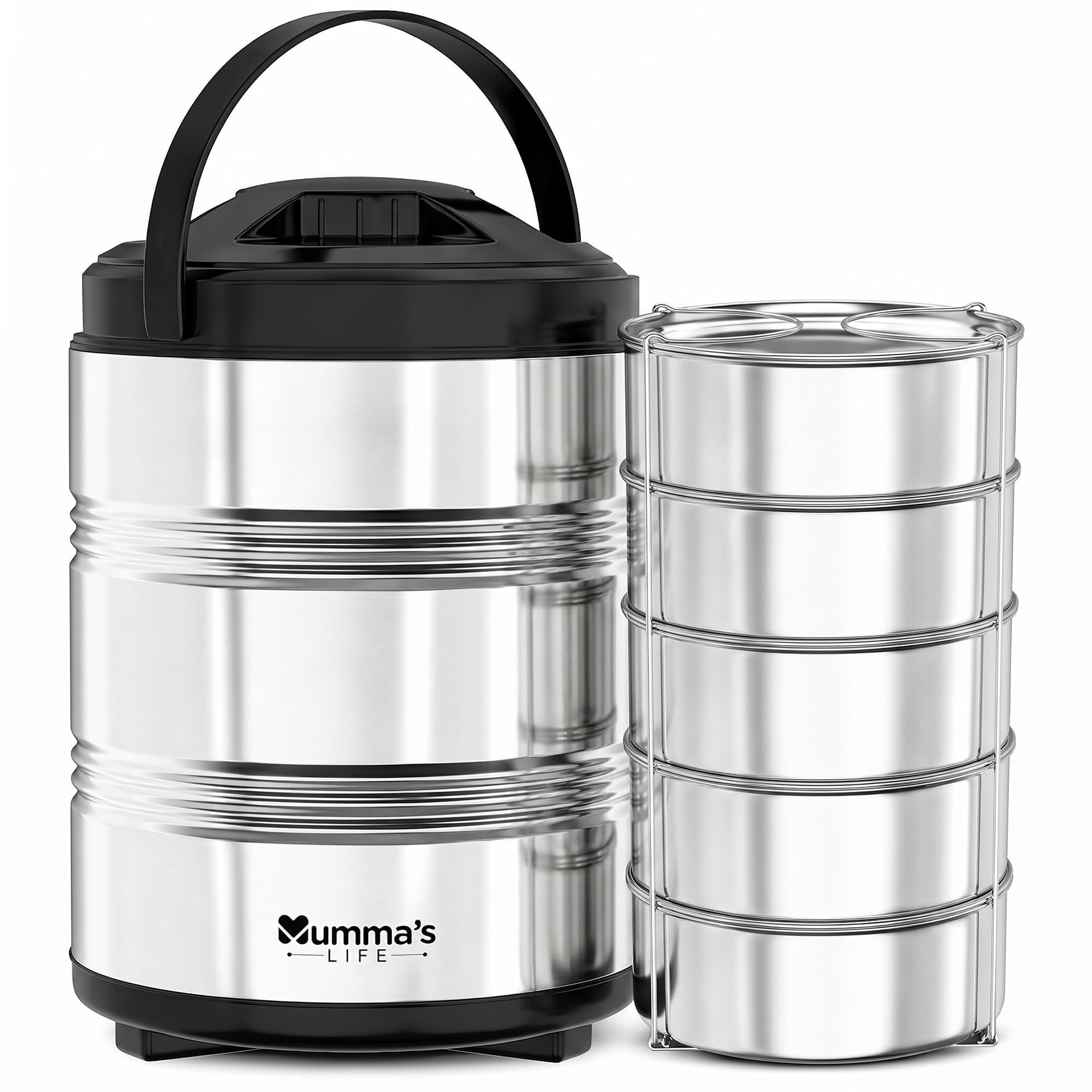 Mumma's LIFE Stainless Steel Lunch Box, Insulated 5 Container Tiffin 2000ml | 5-Container Insulated Steel Tiffin Box 2000ml Keeps Food Warm Longer, Leakproof for Office, School & Travel Daily Use-image-15