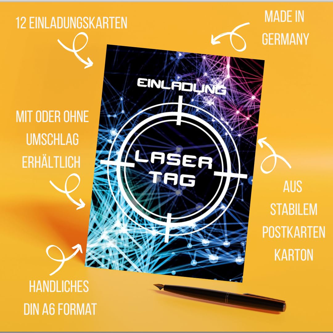 JuNa-Experten 12 biglietti di invito per bambini compleanno laser – biglietti di invito per ragazze e ragazzi, inviti di compleanno, biglietti di invito colorati per bambini, feste laser