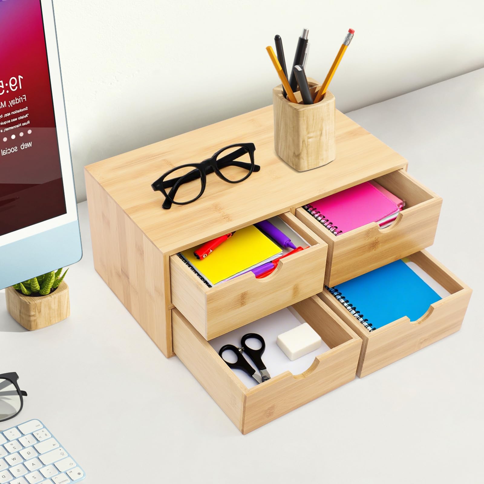 Pudełko do przechowywania artykułów biurowych, drewniane pudełko z 4 przegródkami, 33 × 19 × 16 cm, duży organizer na biurko, nadaje się do salonu, sypialni, gabinetu, biura i akademika