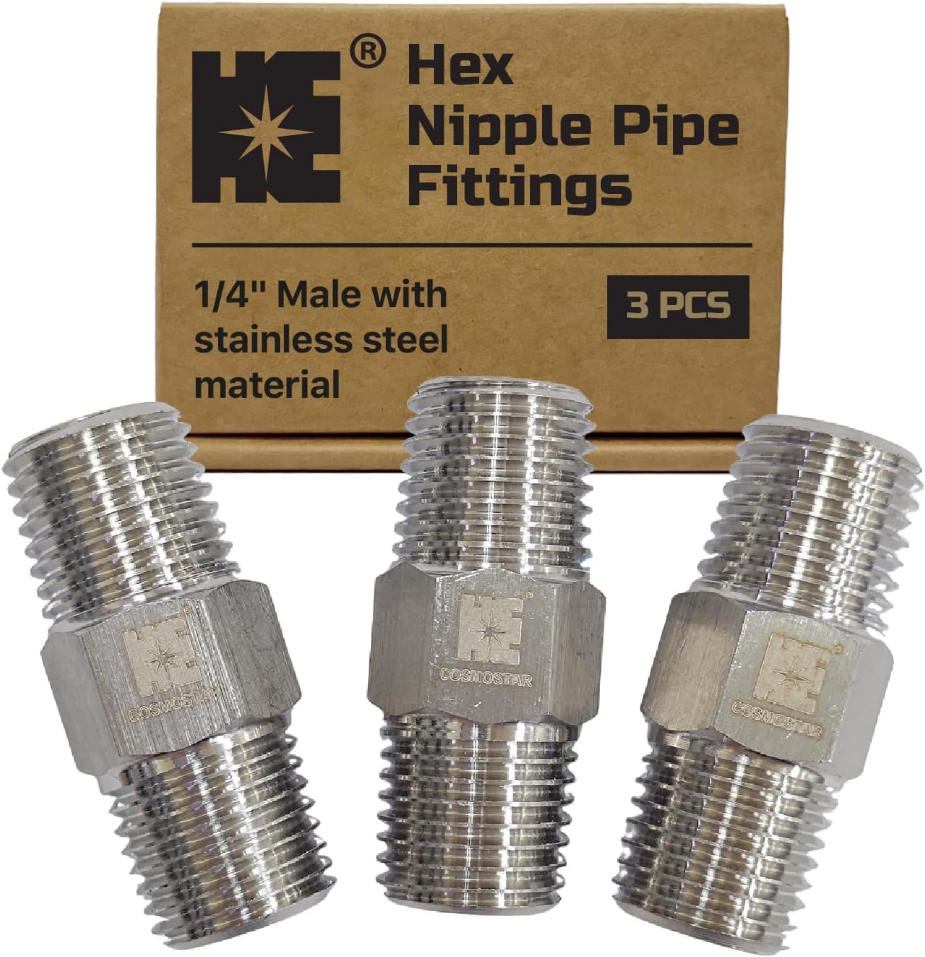 Cosmostar 3 PCS 1/4" Male Hex Nipple Pipe Fittings, 304 Stainless Steel NPT Threaded Pipe Adapter, Compact Heavy Duty Fittings for Air, Fuel & Water Lines