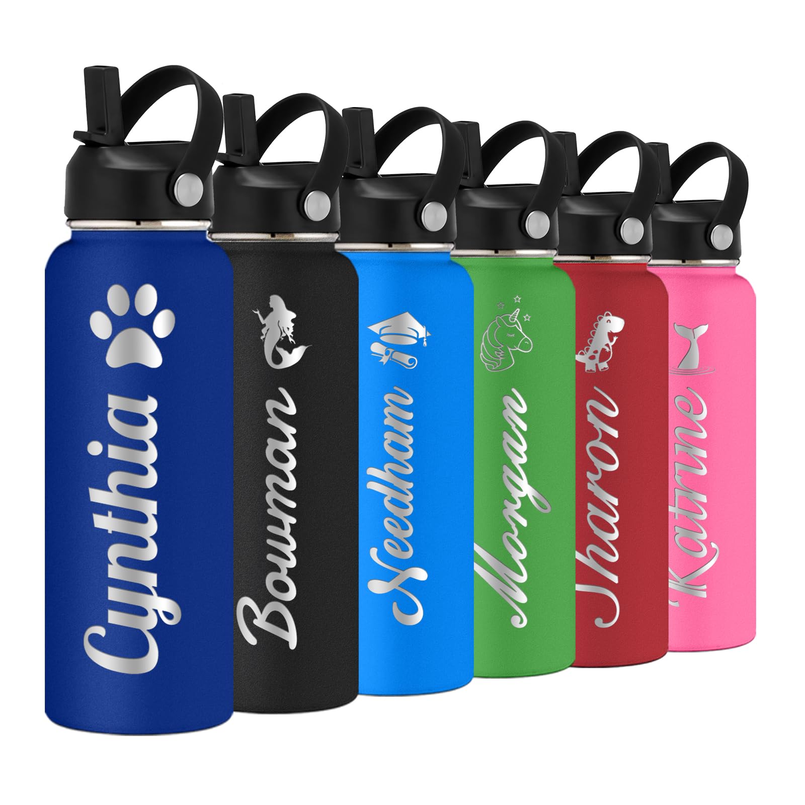 Personalized Water Bottle with Straw Lid for School,Custom Engraved Insulated Stainless Steel Sports Water Bottle with Name for Girls Boys Women Men(24oz/32oz/40oz,12 Colors)