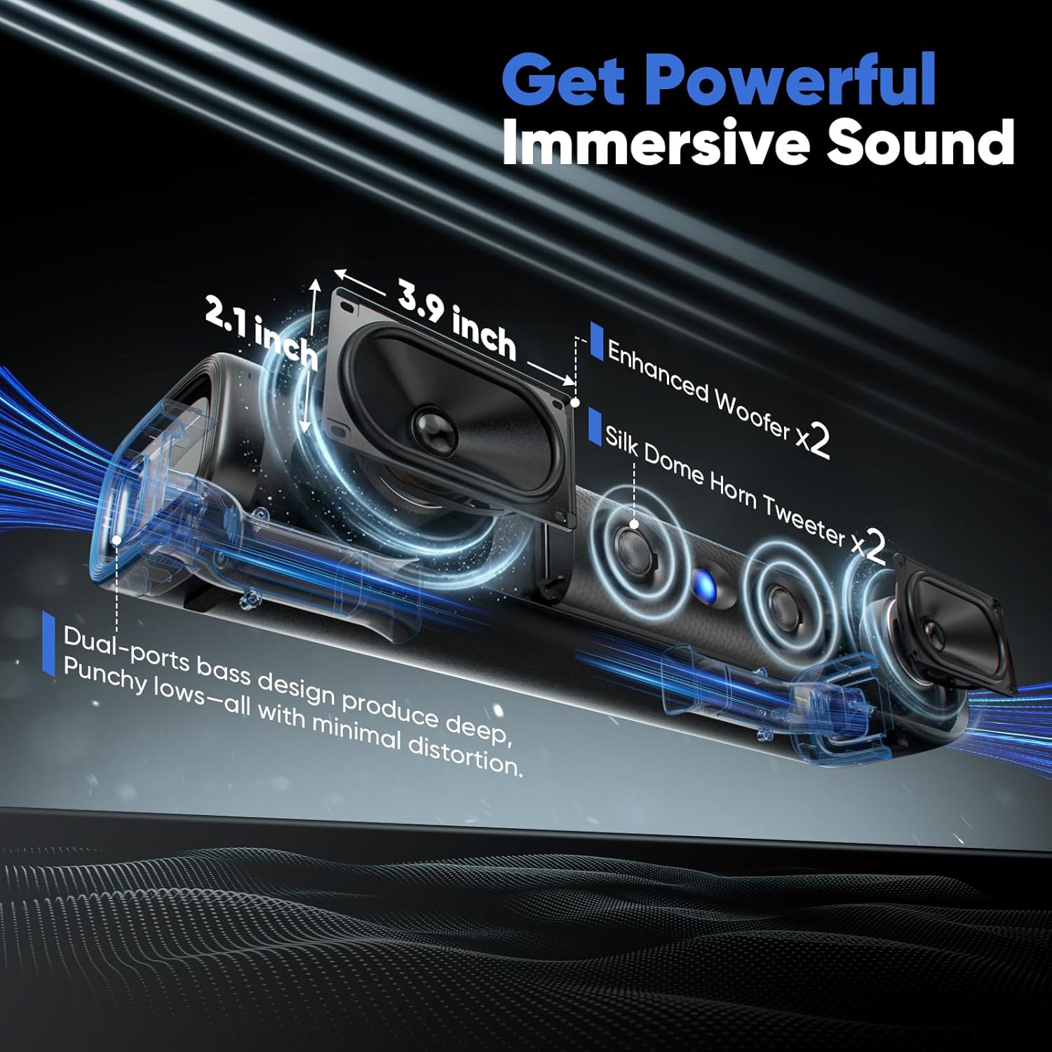 60W 2.0 Channel Sound Bar for Smart TV with Deep Bass & Crystal Dialogue | ARC, Optical, AUX, Bluetooth 5.3 | Dual Woofers & Silk Dome Horn Tweeter | 17-Inch for PC/Projector/Gaming, Wall Mountable - Image 3