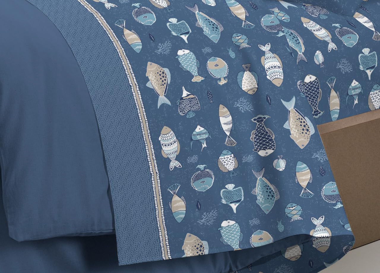 BIANCHERIAWEB Completo Lenzuola Letto Pensieri Delicati 100% Cotone Disegno Oceano Matrimoniale Blu
