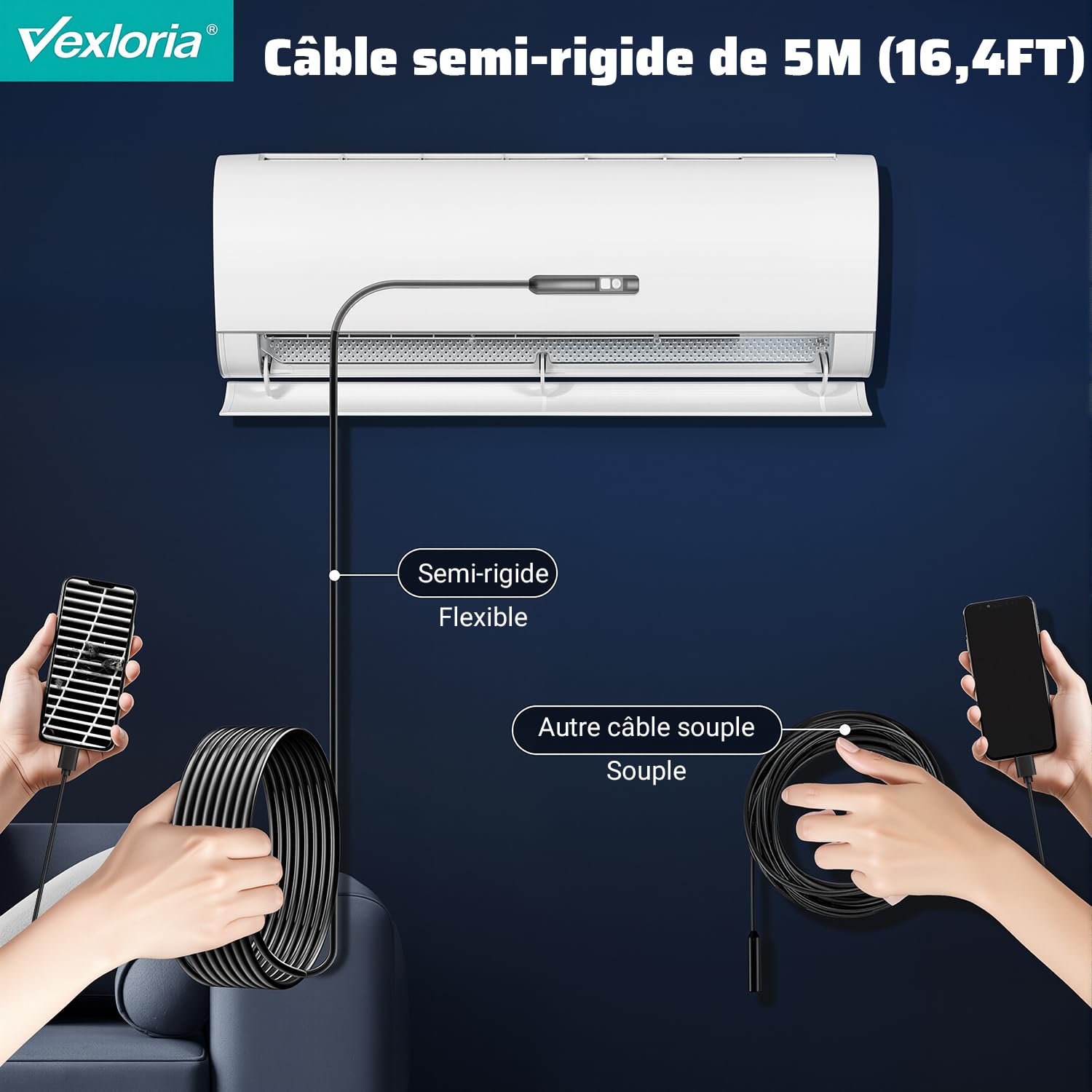Vexloria Endoscope D'inspection, Camera Endoscopique 1920P HD Serpent Double Objectif, Endoscope Type C, IP68 Etanche Caméra avec 8 Lumières LED pour Smartphone Android et iOS, iPhone, iPad (5 M)