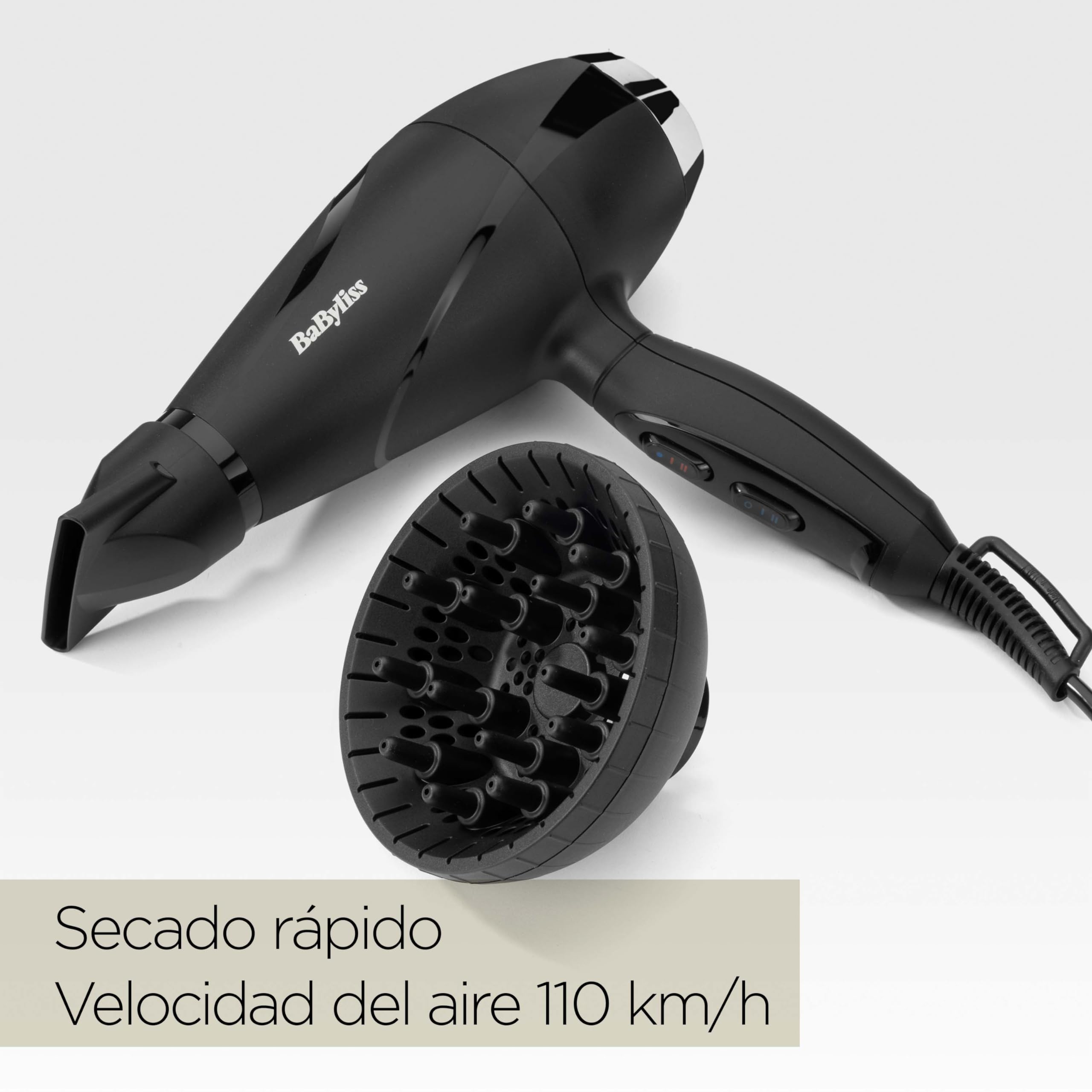 BaByliss Secador de Pelo Shine Pro 2200 – Tecnología iónica, 2200 W, Antiencrespamiento, Difusor y Boquilla Concentradora, Fabricado en Italia, Negro, 6713DE