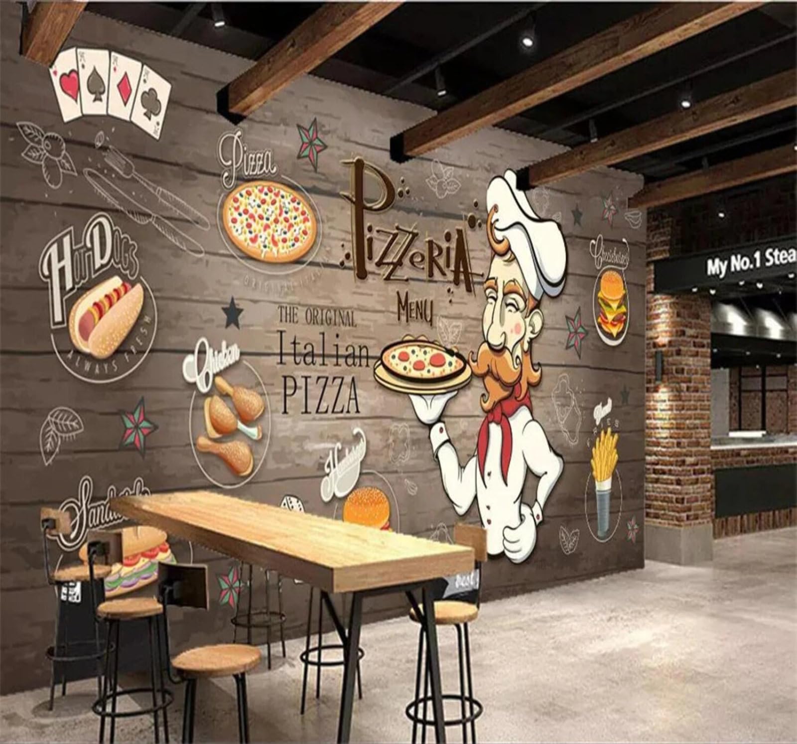 Xlming 430Cm×300Cm(B×H) Hand Drawn Wood Grain Pizza Restaurant People 3D Wallpaper Luxury Home Dining Decor Paste Sofa Living Room The Wall For Bedroom Mural-430Cm×300Cm