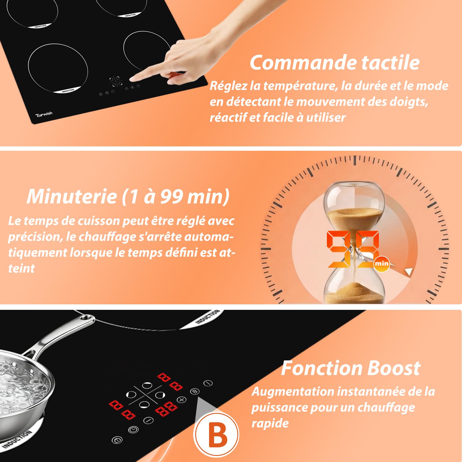 Topwish Plaque Induction 4 Feux, plaque de cuisson à Induction, Plaque de Cuisson Induction 60cm,con 9 Niveaux, Boost, voyant de surface chaude, protection d'extinction, verrou de sécurité, 7200W