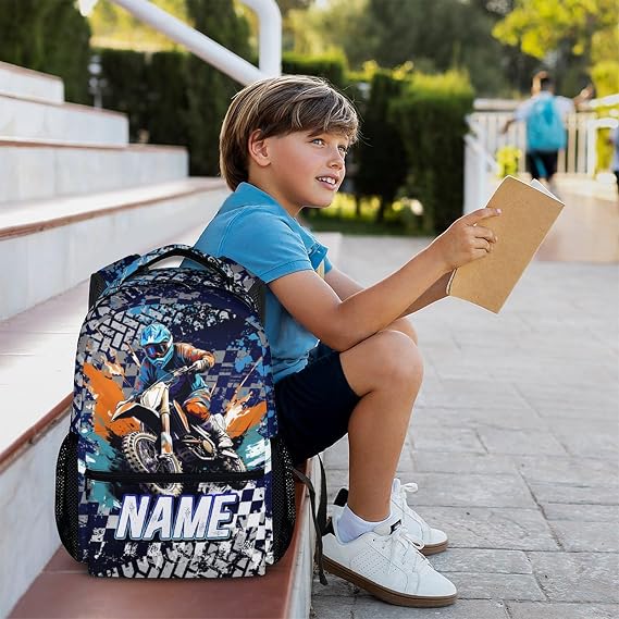 Personalised Dirt Bike Backpack for Boys with Name – 17 Inch Custom Kids School Bag Featuring Motocross Racing Design, Ideal for Travel, Sports and Daily Use