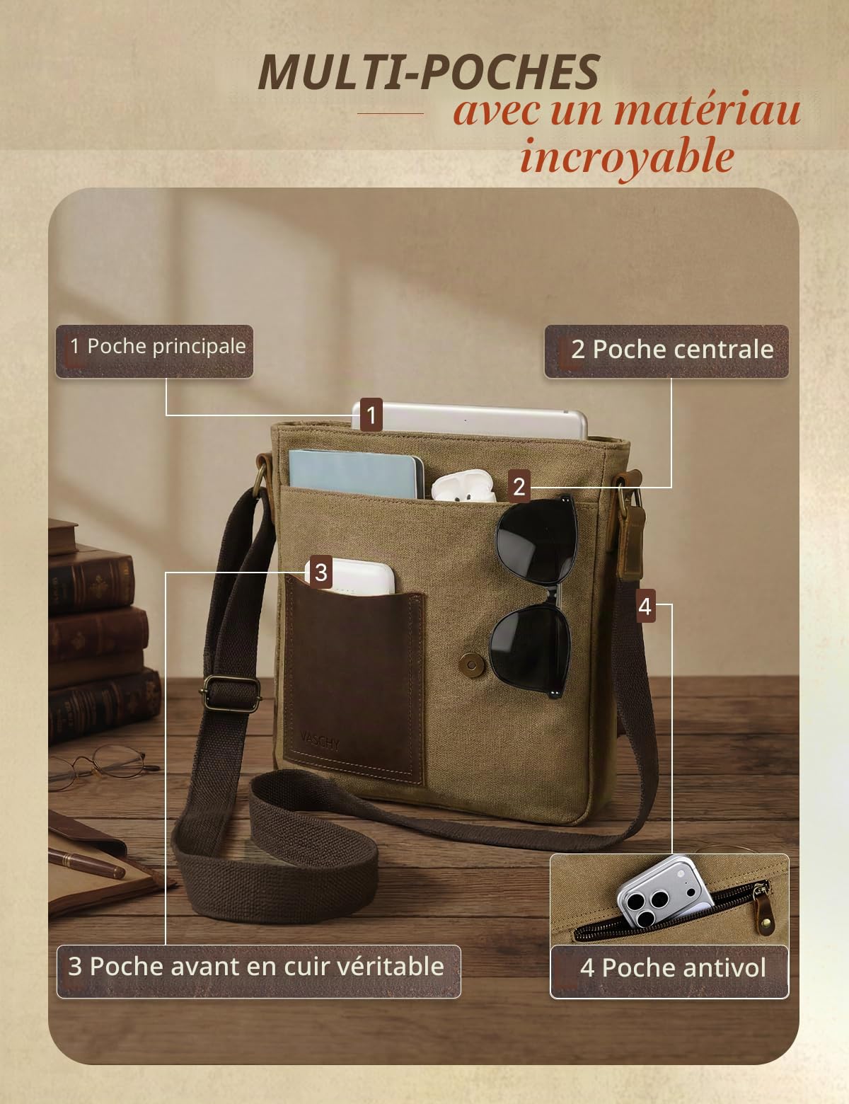 VASCHY Petit sac à bandoulière pour homme en toile vintage en cuir véritable - Sac à bandoulière classique pour le travail, l'école, la vie quotidienne