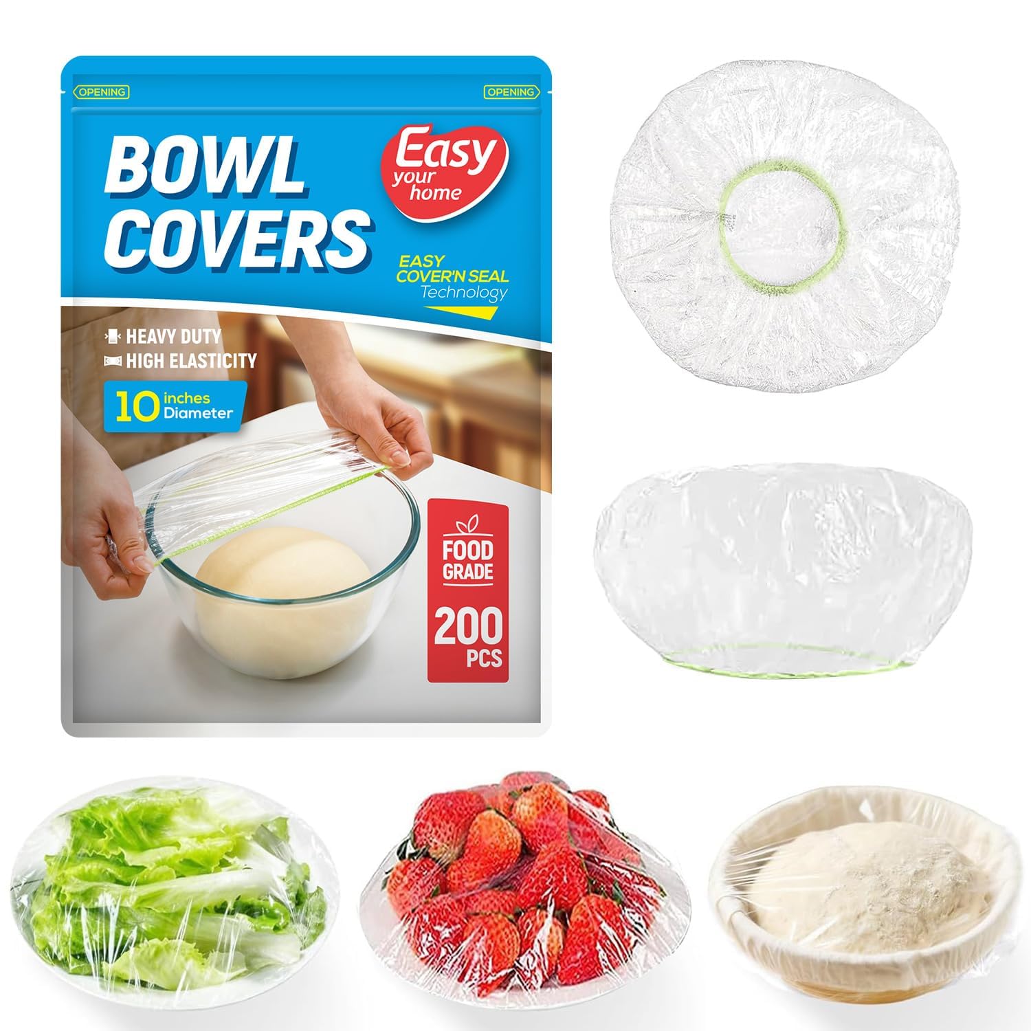 Easyyourhome 10Inch-200Pcs 200Pcs 10Inch Bowl Covers Reusable, Food Cover Dish Covers, Elastic Stretch Food Storage Lids, Bpa-Free Plastic Wrap For Sourdough Proofing Meal Prep Fresh Keeping