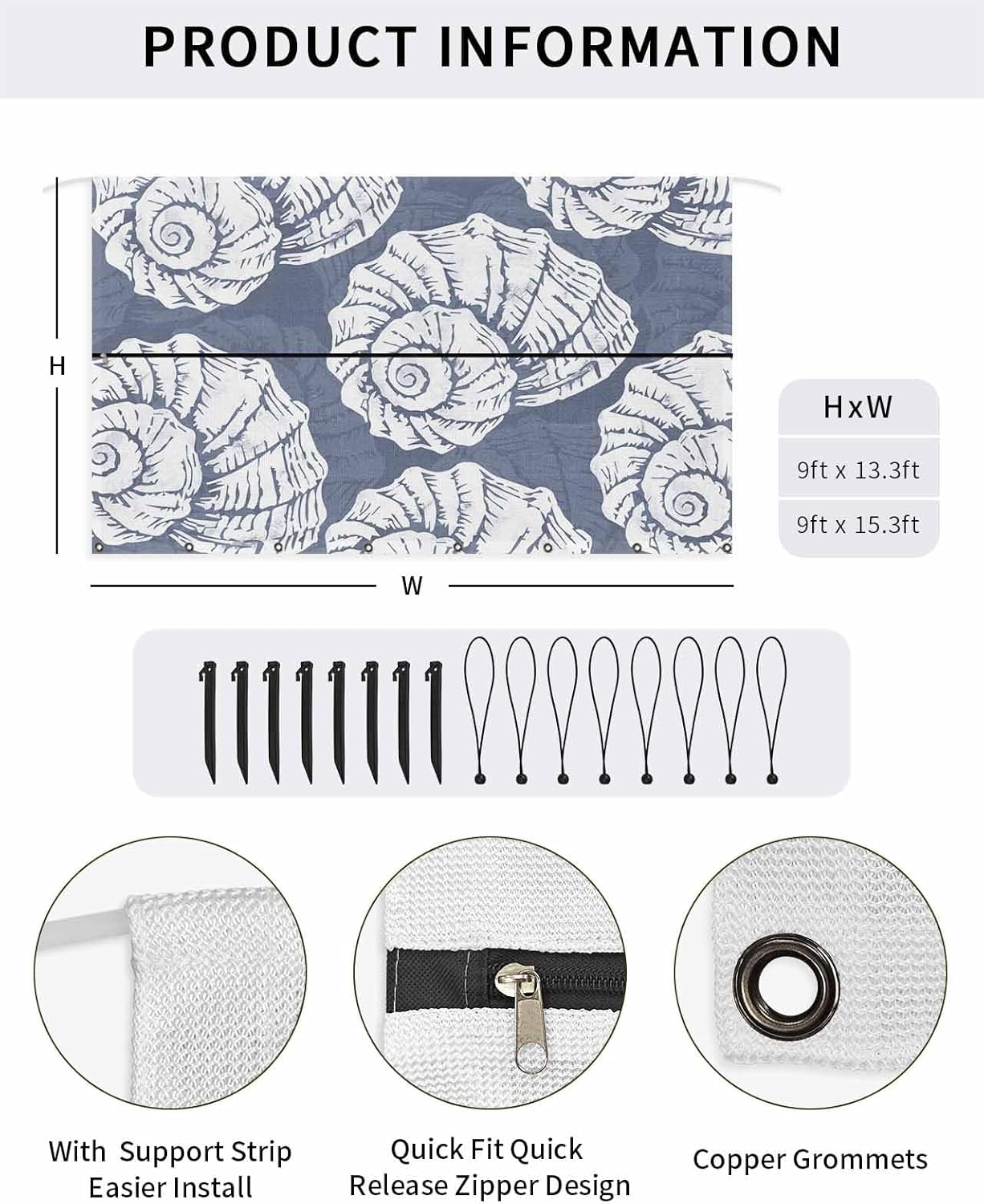 Navy Blue Conch RV Awning Sun Shade Screen with Zipper 9'x13.5' Coastal Summer Ocean Beach Nautical Modern Mesh Sunshade UV Blocker Awning Shade Complete Kits for Motorhome Camper Travel Canopy