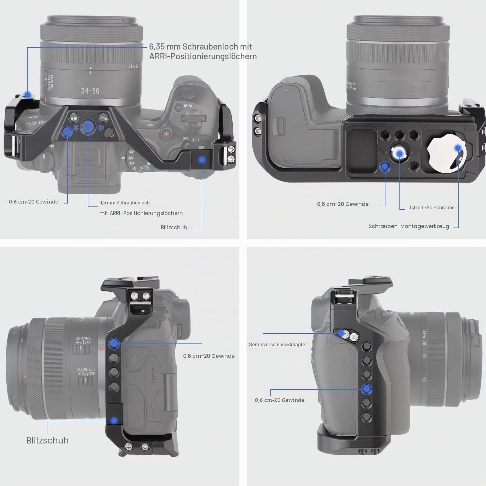 LEFTFOTO Kamerakäfig für Canon EOS R8 mit Arca-Schulterstütze, Kaltschuh, Gurtschlitz, 0,6 cm Schraubenlöcher, Kompatibilität mit DJI RS Stabilisator, für Vlog-Videoaufnahmen