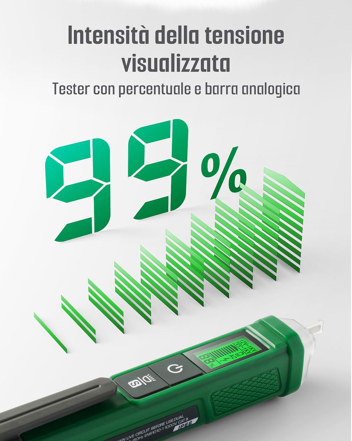 Penna Rilevatore di Tensione, Cercafase, TESMEN TN-213 Tester di Tensione senza Contatto, Elettrico, AC 12V-/70V-1000V, Dual-Range, Display LCD in Percentuale, torcia, Allarme Cicalino - Verde