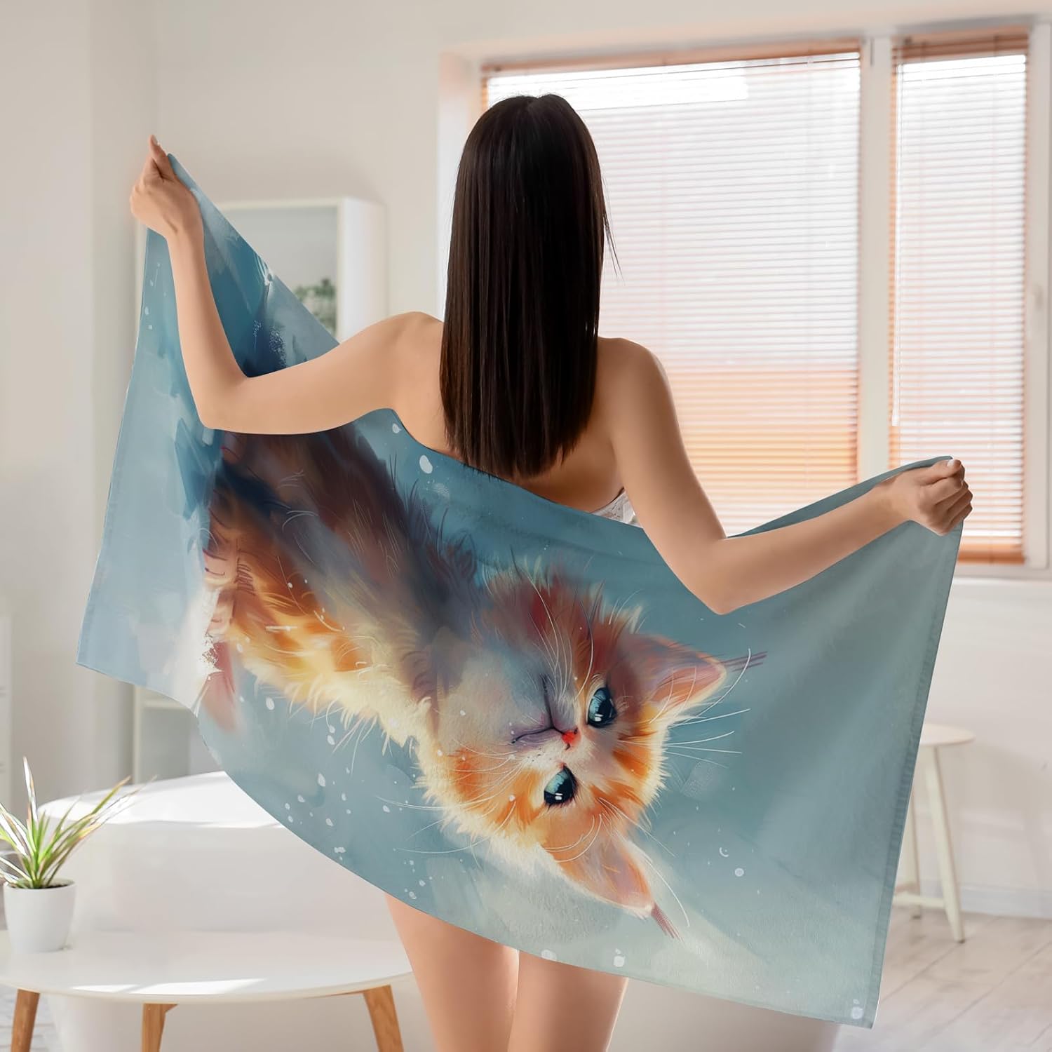 WZOMT Cute Cat Beach Towel, Microfiber Orange Cat Towels for Cats Lovers, Oversized Cats Bath Towel for Kids Girls, Quick Dry Sandproof Kitty Kitten Pool/Swim/Travel Towel, 32x52 Inch