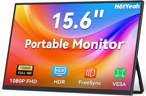 HotYeah Monitor portátil, 15.6 pulgadas 1080P FHD monitor para laptop USB-C HDMI pantalla externa de computadora HDR FreeSync IPS con soporte y