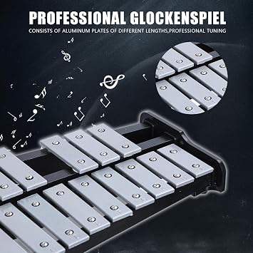 32 Notes Glockenspiel Kit, Aluminum Plate Xylophone Bell Percussion Instruments with Adjustable Height Stand,Practice Pad Mallets & Wooden Drumsticks,Portable Carrying Bag 1 Set