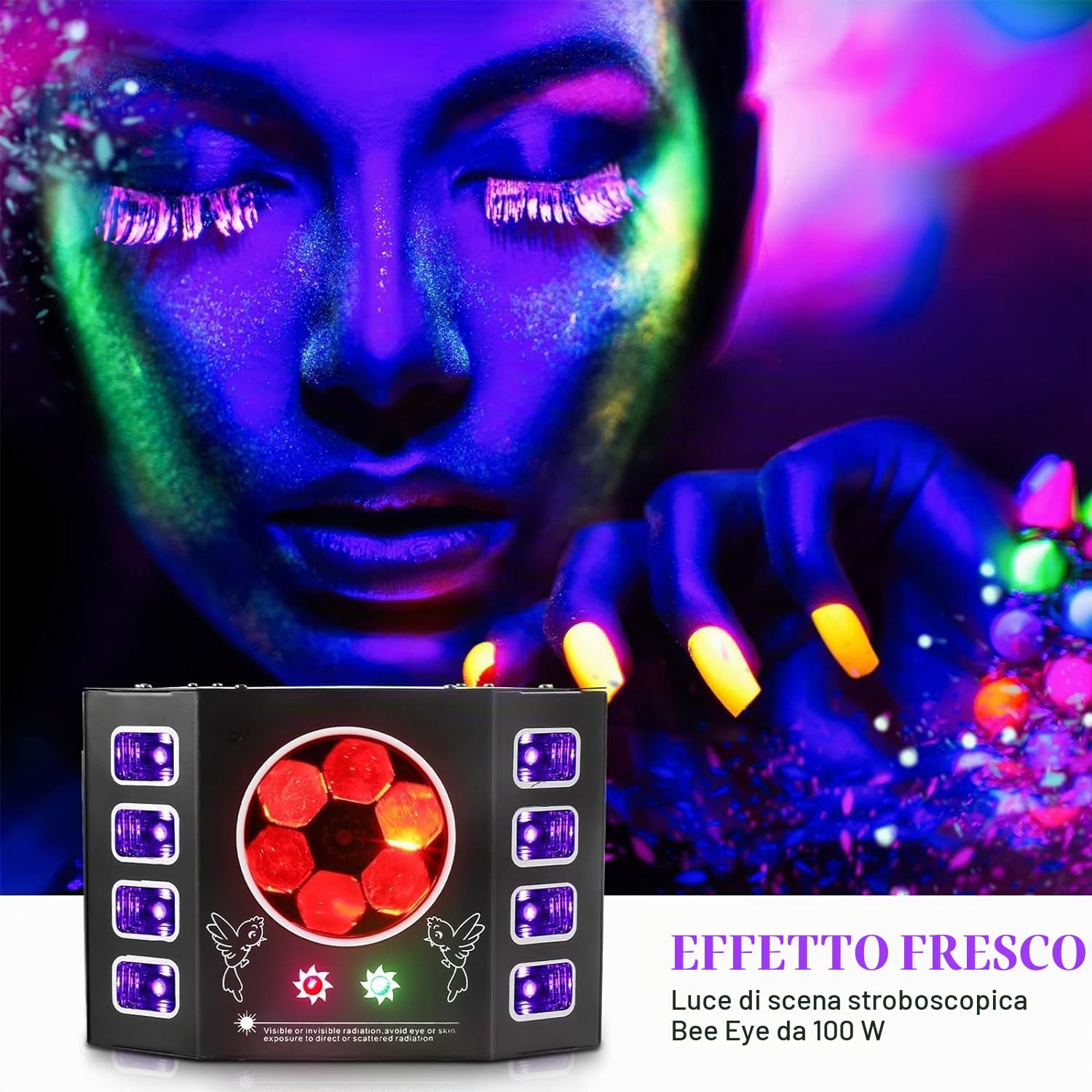 Luce discoteca, 100 W, luce da discoteca, luce da festa, occhio d'api, flash UV, 14 canali, D-MX con controllo vocale, telecomando, adatta per matrimoni, feste di compleanno, Halloween, bar evento