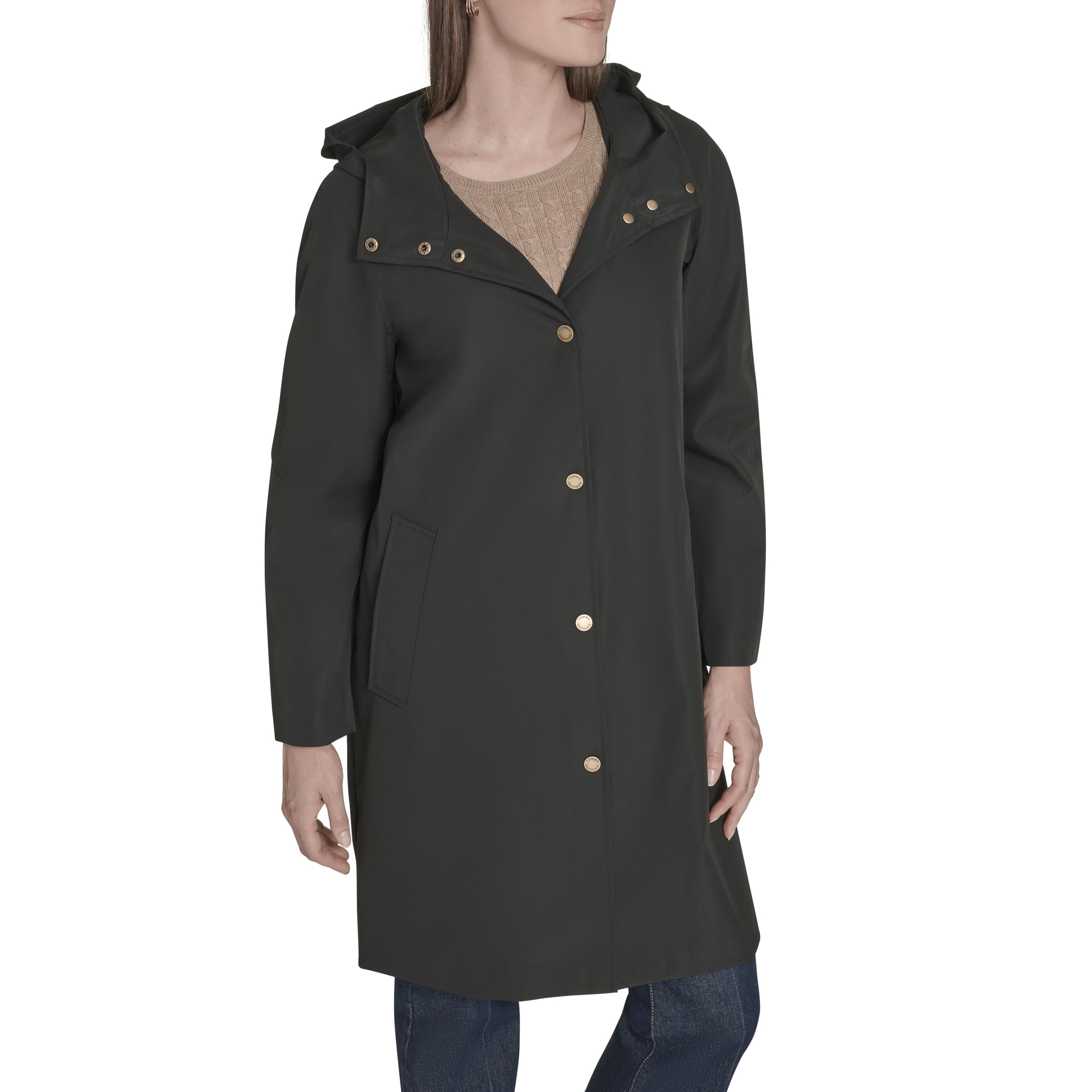 Tommy Hilfiger Damen-Regenmantel mit Schnappverschluss, Schwarz, Größe XL