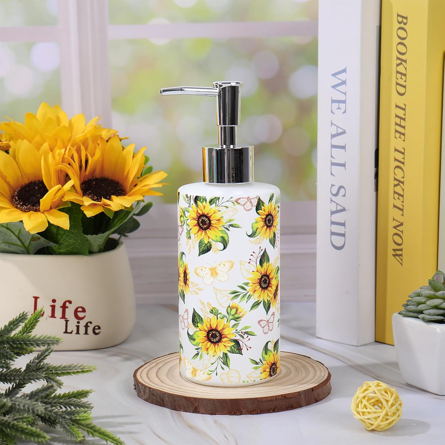 JarThenaAMCS Sunflower Soap Dispenser Glass Dispenser with Pump Refillable Watercolor Floral Liquid Soap Container for Spring Summer Home Kitchen Bathroom Countertop
