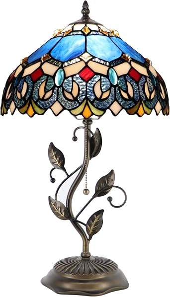 Tiffany Table Lamp, Stained Glass Style Desk Lamp, 12X12X19 Inch,Bedside Reading Light, Metal Leaf BaseBlue Baroque