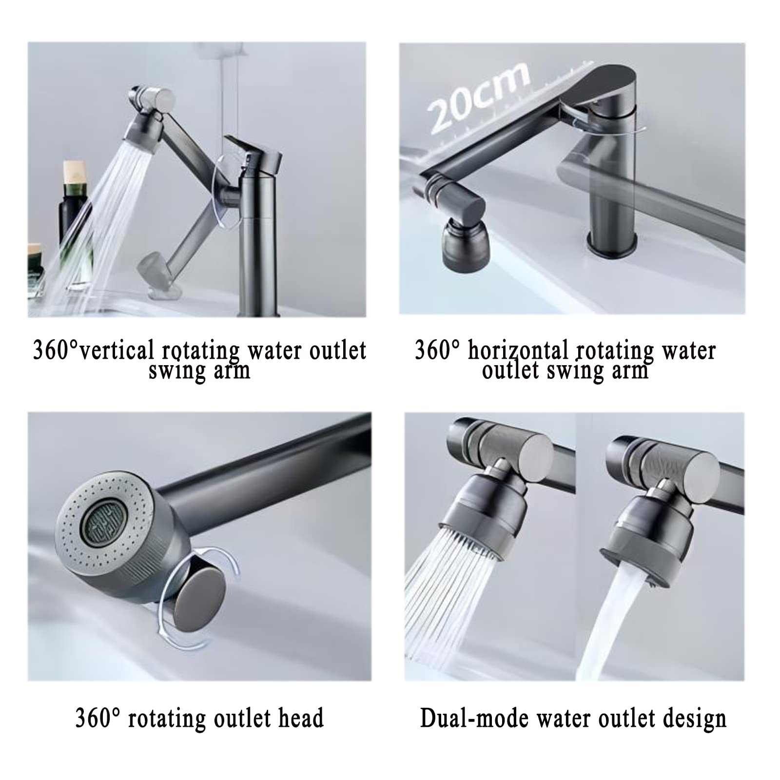 Grifo Lavabo, 360° Flexible Rotación Grifo Baño 2 Funciones Grifo Monomando Lavabo Latón Grifo Alto Lavabo con Aireador a Prueba de Salpicaduras, Agua Fria y Caliente Disponible