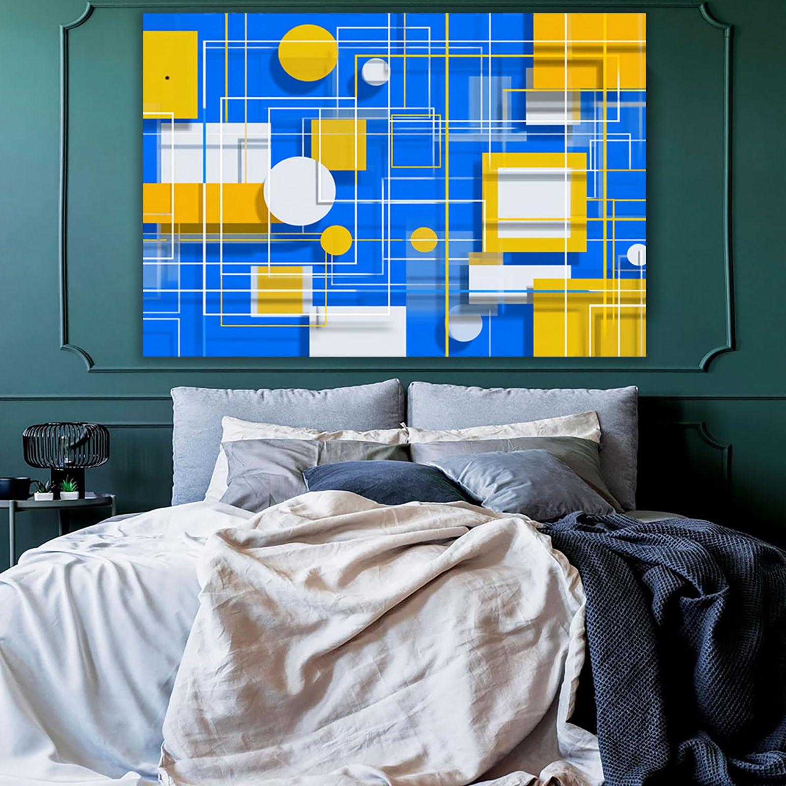 WUFIEA Pintura lienzo abstracta carteles e impresiones Red azul y dorada para decoración de sala de estar regalo（Azul-60x90cm Enmarcado