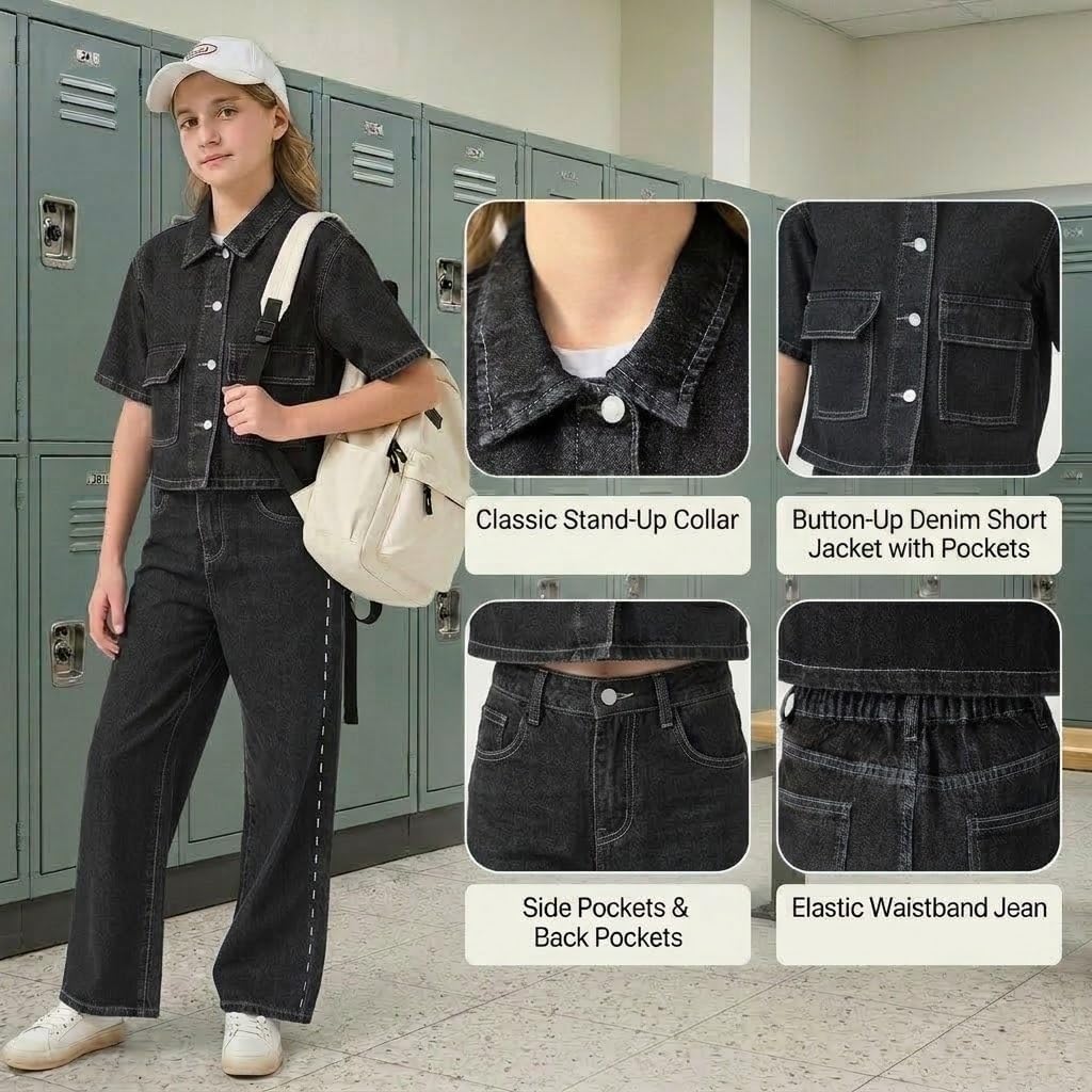 Girls 2-Piece Denim Set, 90s Vintage Short Sleeve Jacket & Straight-Leg Pants, Classic Casual School Outfit 8-12Y