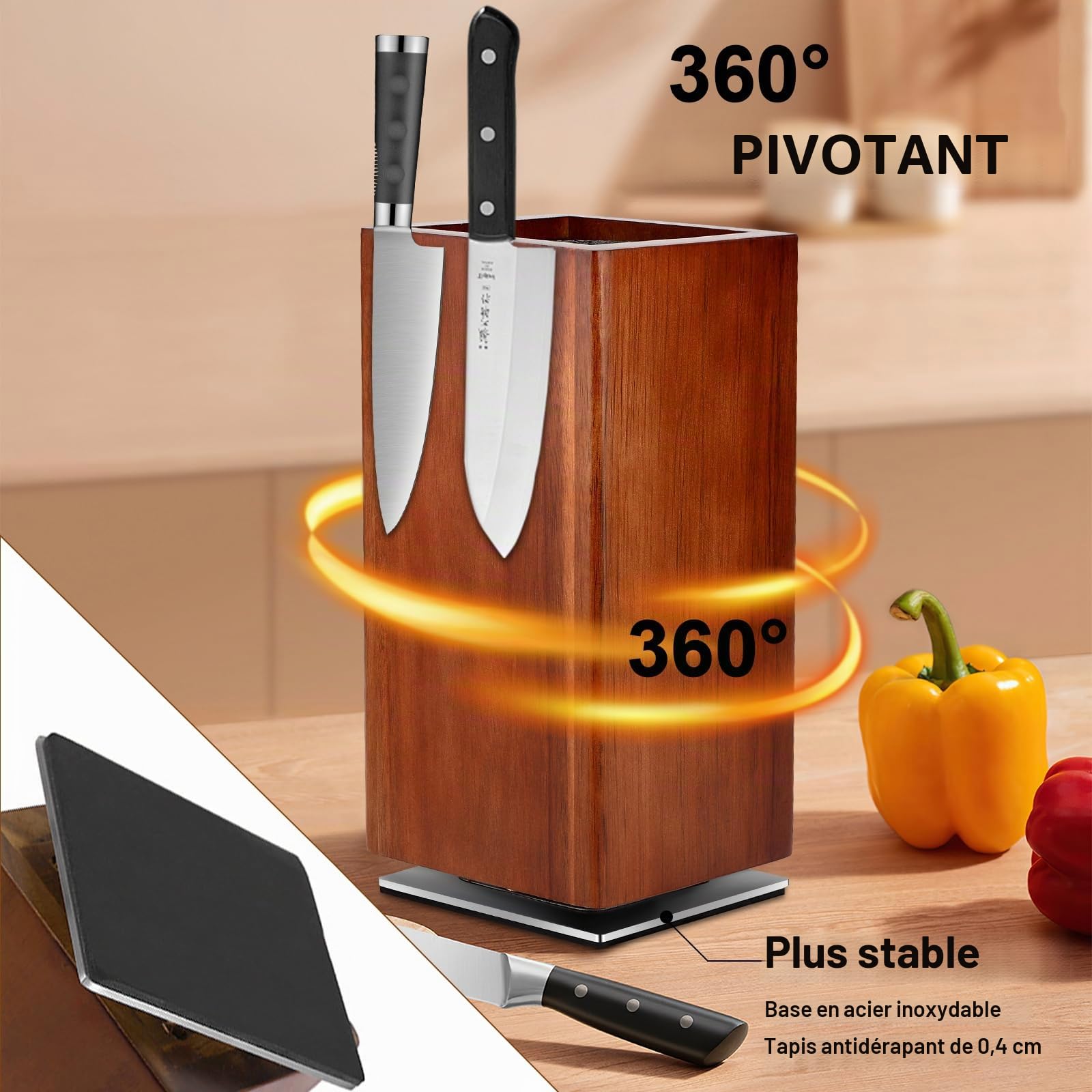 Gowkeey Bloc Couteau Cuisine, Range Couteaux Cuisine, Porte Couteau, Blocs Couteaux Vides, Support Couteau Cuisine Bois, Bloc à Couteaux Magnétique, Rangement Poils, Universel, 25x12x12 cm, Nature