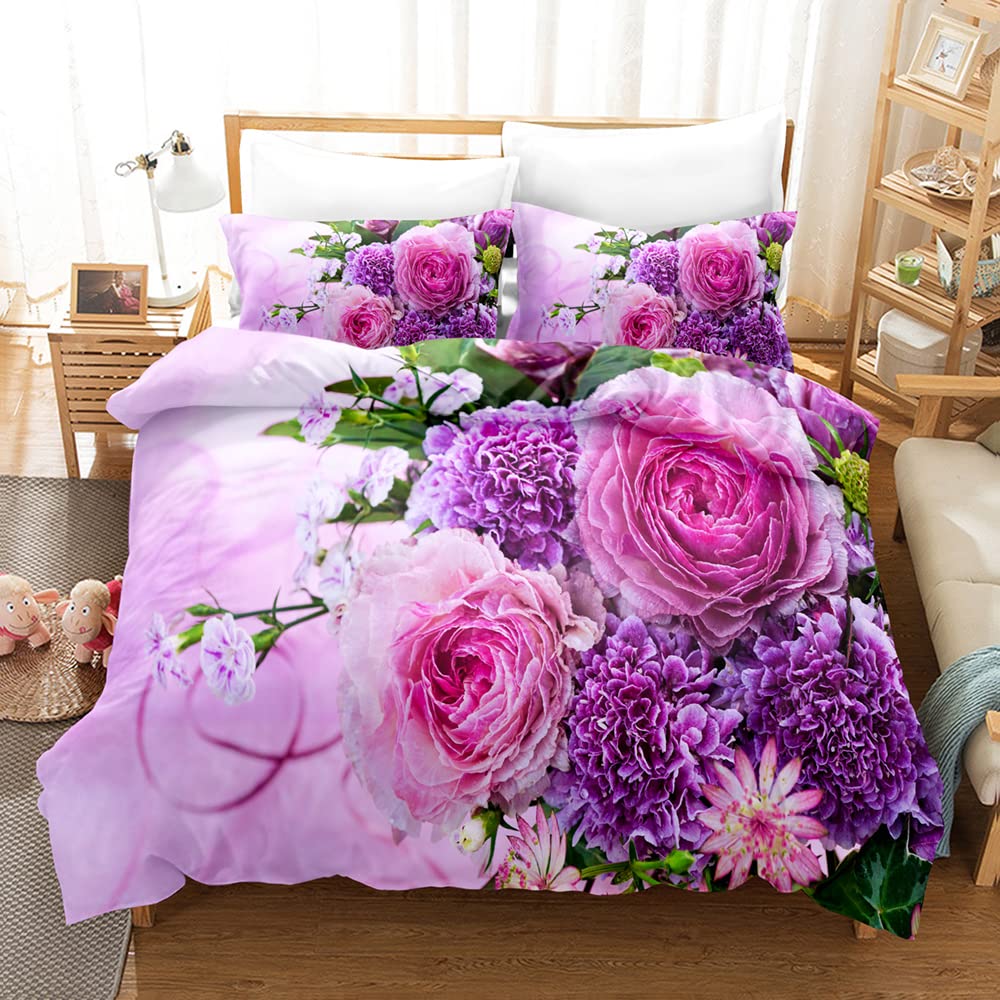 Housse De Couette 240x260cm + 2 Taies D'oreiller 65x65cm - Motif Pivoine Vintage - Microfibre Douce - Fermeture éclair Et Attaches - 2