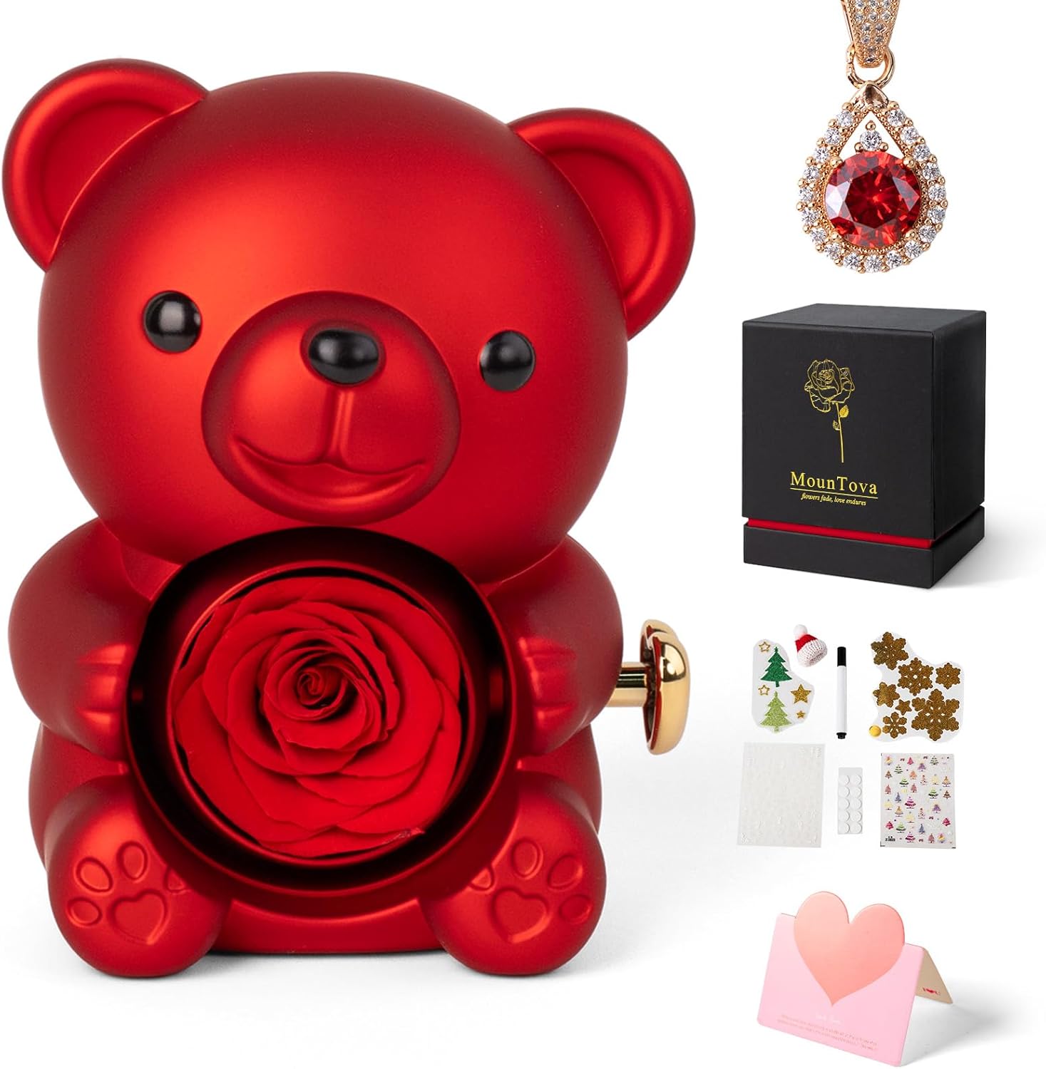 Romantic Teddy Bear with Preserved Rose - Eternal Rose Flower with Necklace, Romantic Gifts in Jewlery Box for Her in Valentine's Day, Weddings, Anniversaries,Mother's Day ＆Bridal Showers