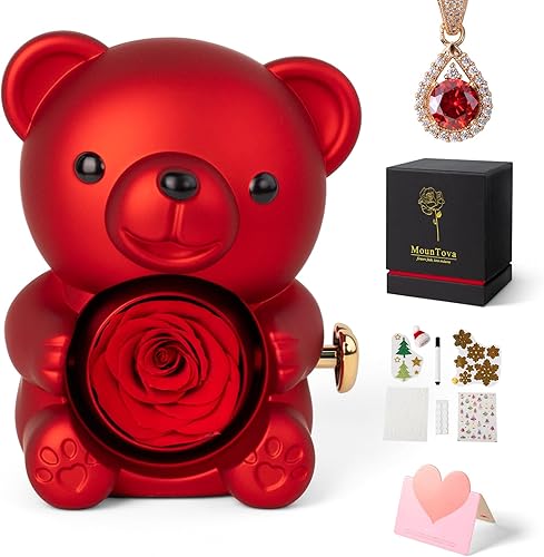 Miniatura 9 de Oso de Peluche Lindo con Rosa Preservada y Collar, Regalos Elegantes de Oso con Rosas con Caja de Joyería Oculta para Mujeres, Novia, Esposa, Rosa