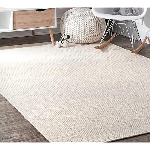 Handwoven Wool Area Rug- Natural Yarn- Contemporary Farmhouse Decor- ecofriendly Rugs for Bedroom Living Room (Ivory, 9'x12')