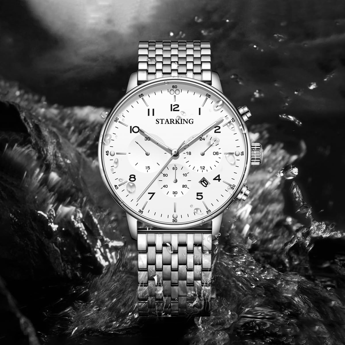 STARKING Modische Business-Herrenuhr, Quarz-Armbanduhren von Luxus-Uhren, 3 ATM wasserdicht, Edelstahl, automatisches Datum