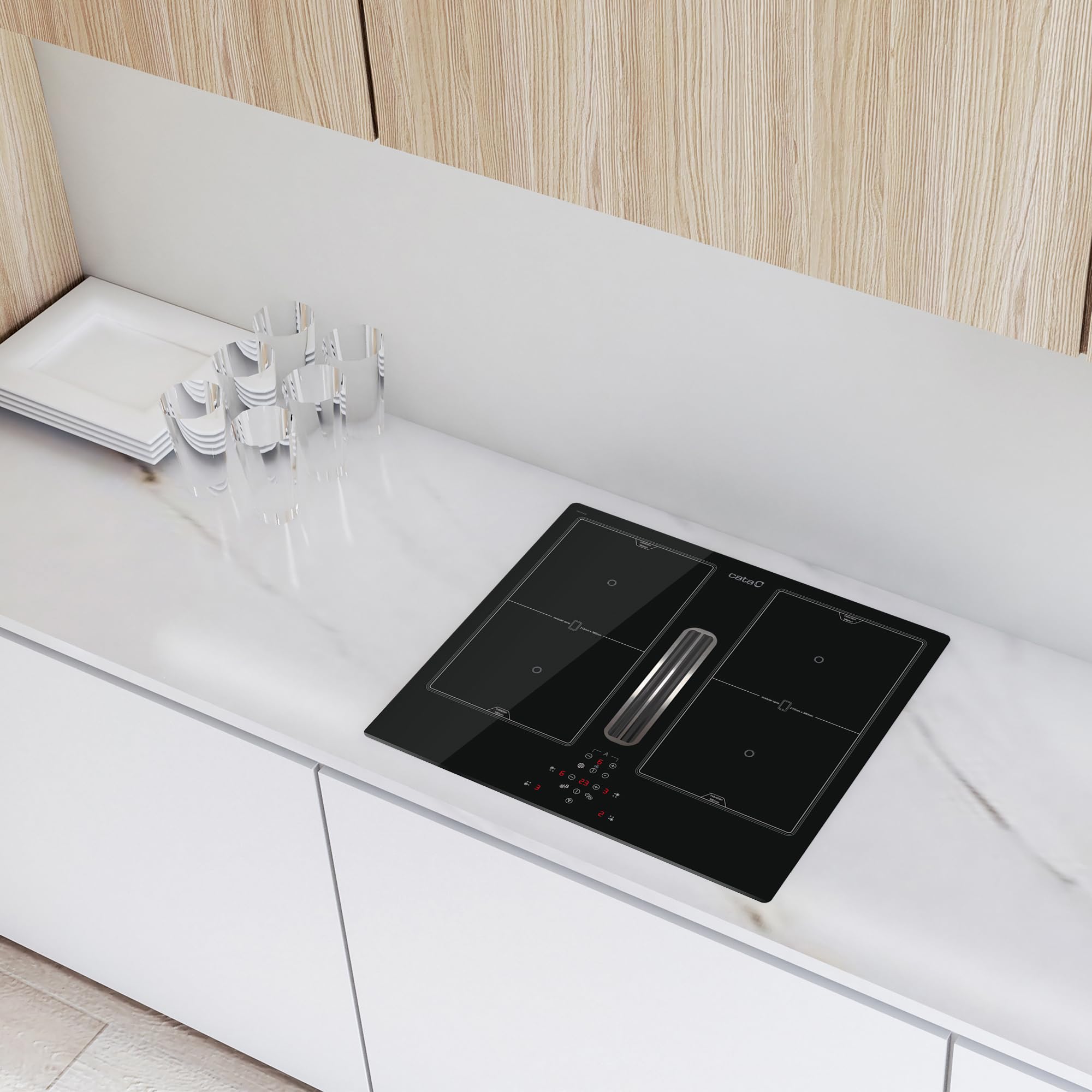Cata Placa de Inducción AS 600 con Extractor de Humos Integrado, 4 Zonas, 6 Niveles de Extracción, 9 Niveles de Potencia, Ancho 59cm, Temporizador, Táctil, Bloqueo de Seguridad, Negro