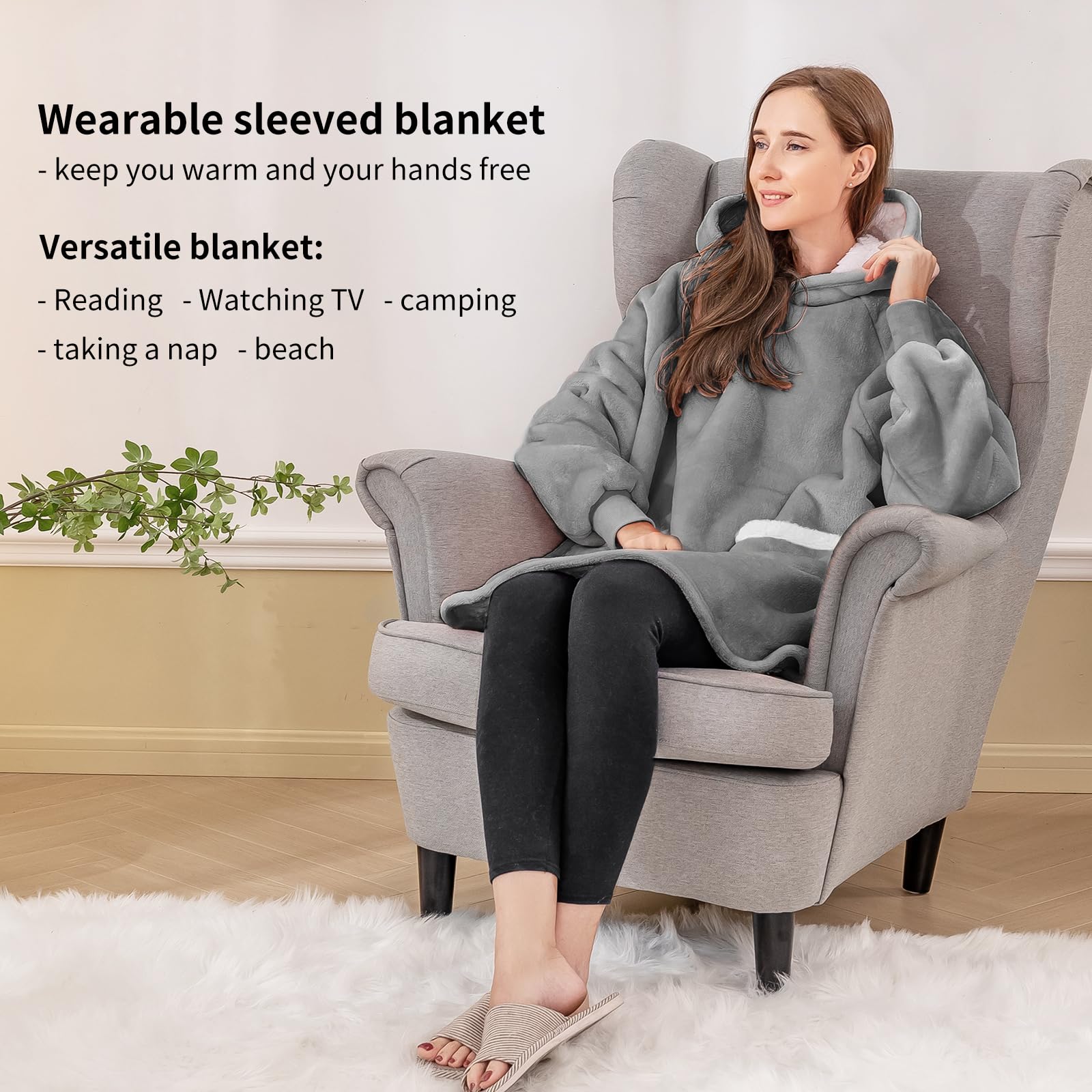 Aisbo Plaid Felpa Coperta con Maniche - Pigiama Coperta Indossabile Donna e Uomo Oversize con Manica e Cappuccio Plaid da Divano con Braccia Pile di Sherpa, Hoodie Blanket (Grigio,90x76cm)