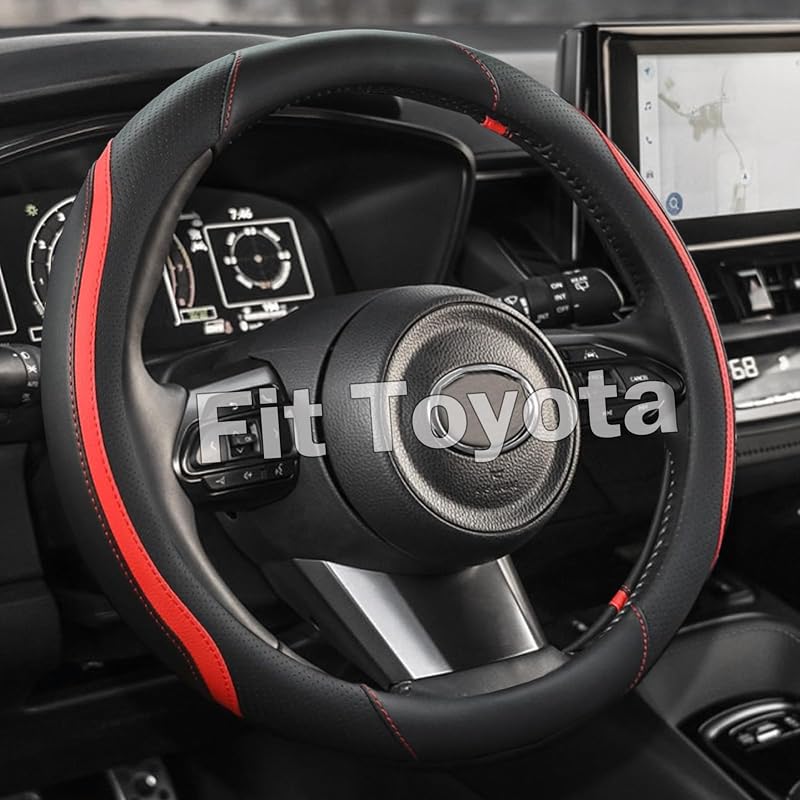 Capa para Volante KEAIDAP em Couro Sintético Microfibra Preta com Vermelho para Toyota 39,4–40,6 cm