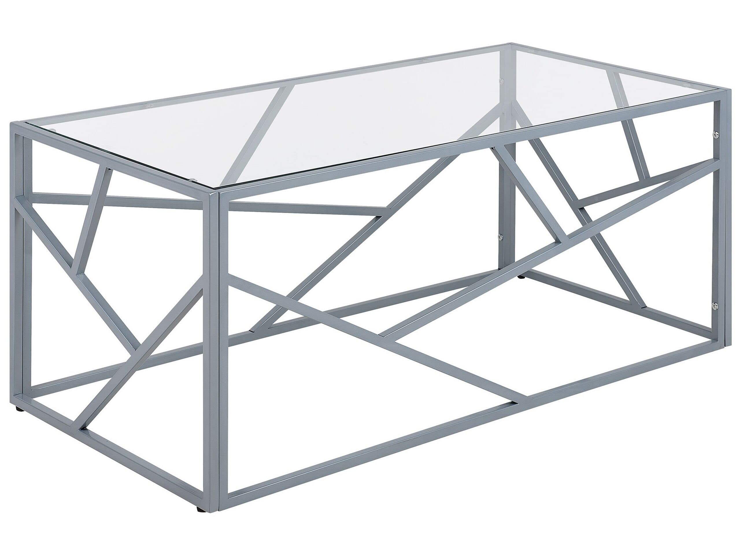Mesa de centro con marco de metal plateado y tapa de cristal con diseño geométrico Orland