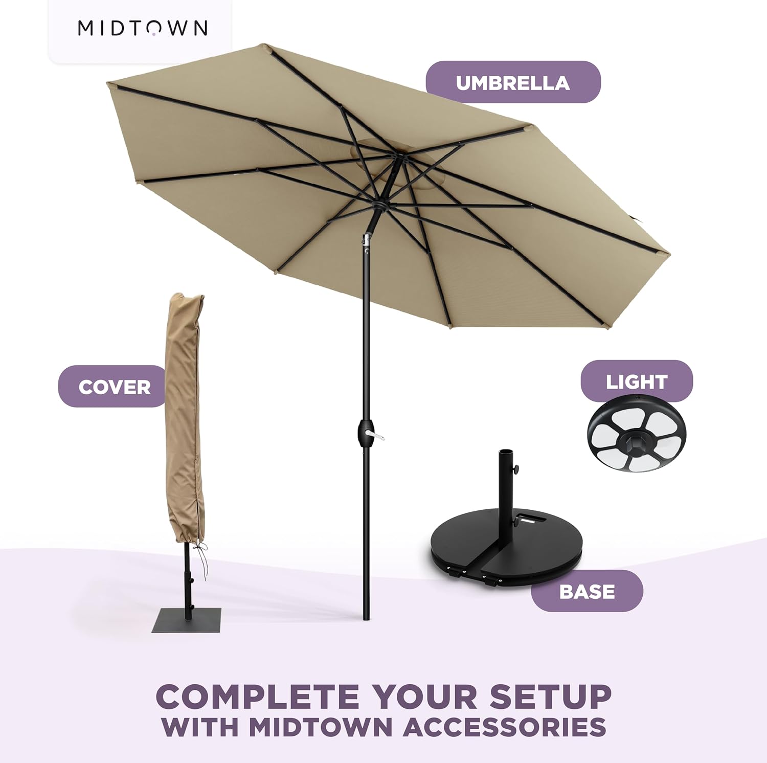 Midtown Umbrellas - 10-Year-No-Fade 9 Ft Patio Umbrella with Terylast Fabric, Auto-Tilt Aluminum Frame and 8 Reinforced Ribs for Deck, Pool, Garden & Beach - Chestnut Beige Canopy, Black Pole