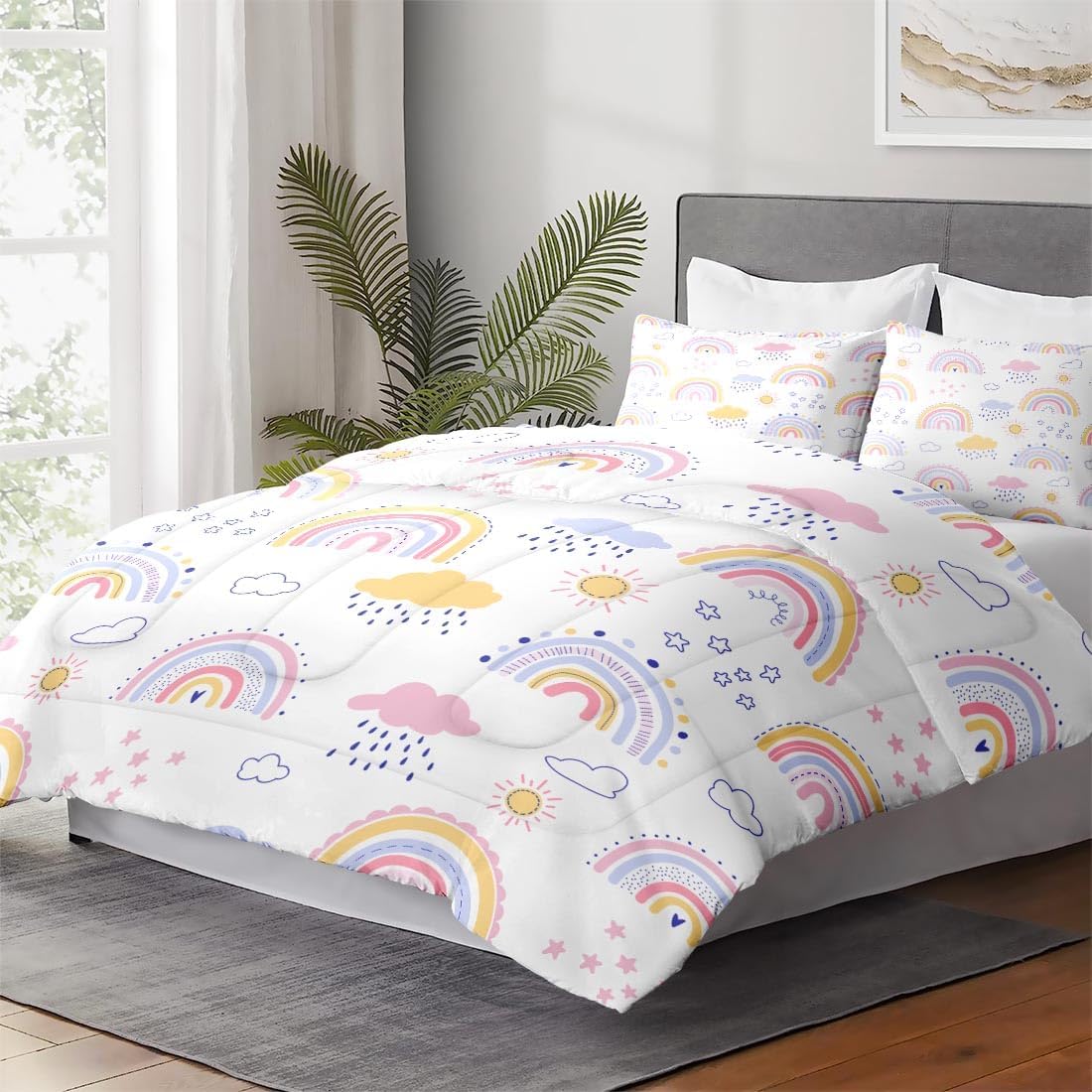 WeCozy Queen Size Comforter Set with 2 Pillowcases, Pink Rainbow Kids Nursery Soft 3 Pcs Bedding for Kids and Adults Bedroom Bed Decor