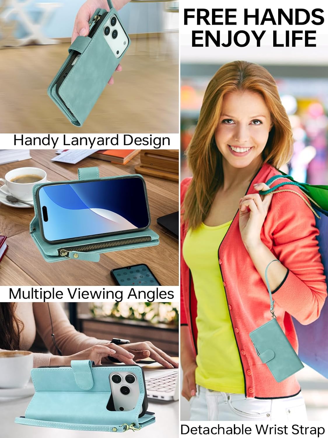 RANYOK Wallet Case Compatible with iPhone 17 Pro Case, with 6 Card Holder RFID Blocking, PU Leather Zipper Flip Wallet Pocket, Kickstand, Wrist Strap | Protective Phone Cover for 17 Pro, Light Blue - Image 7